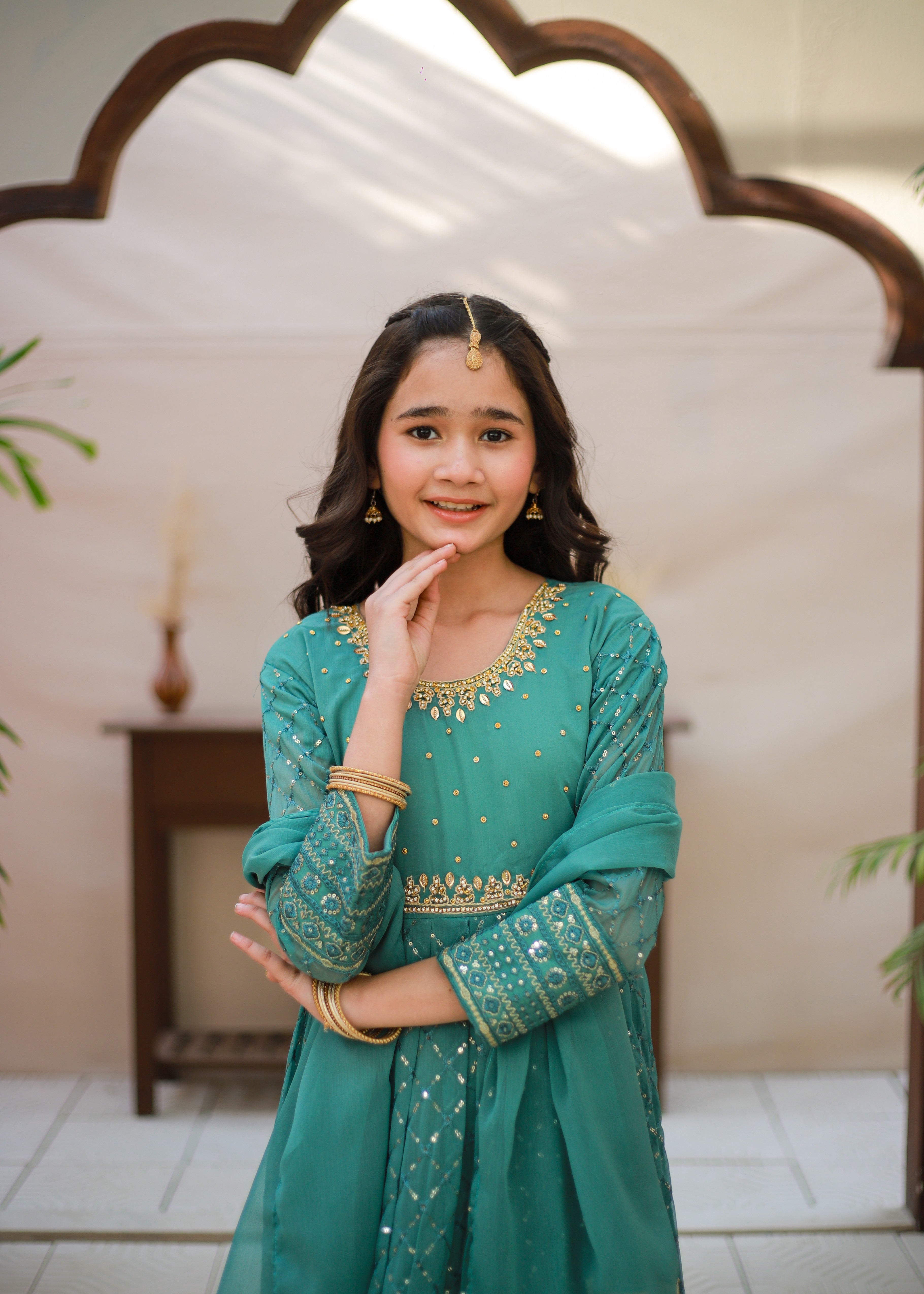 chiffon Pishwas in Turquoise
