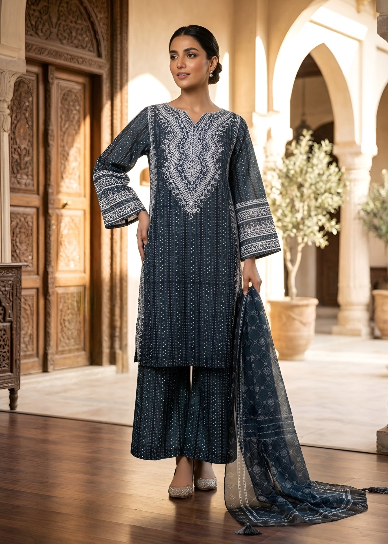 swiss lawn Kurta Set in Steel blue