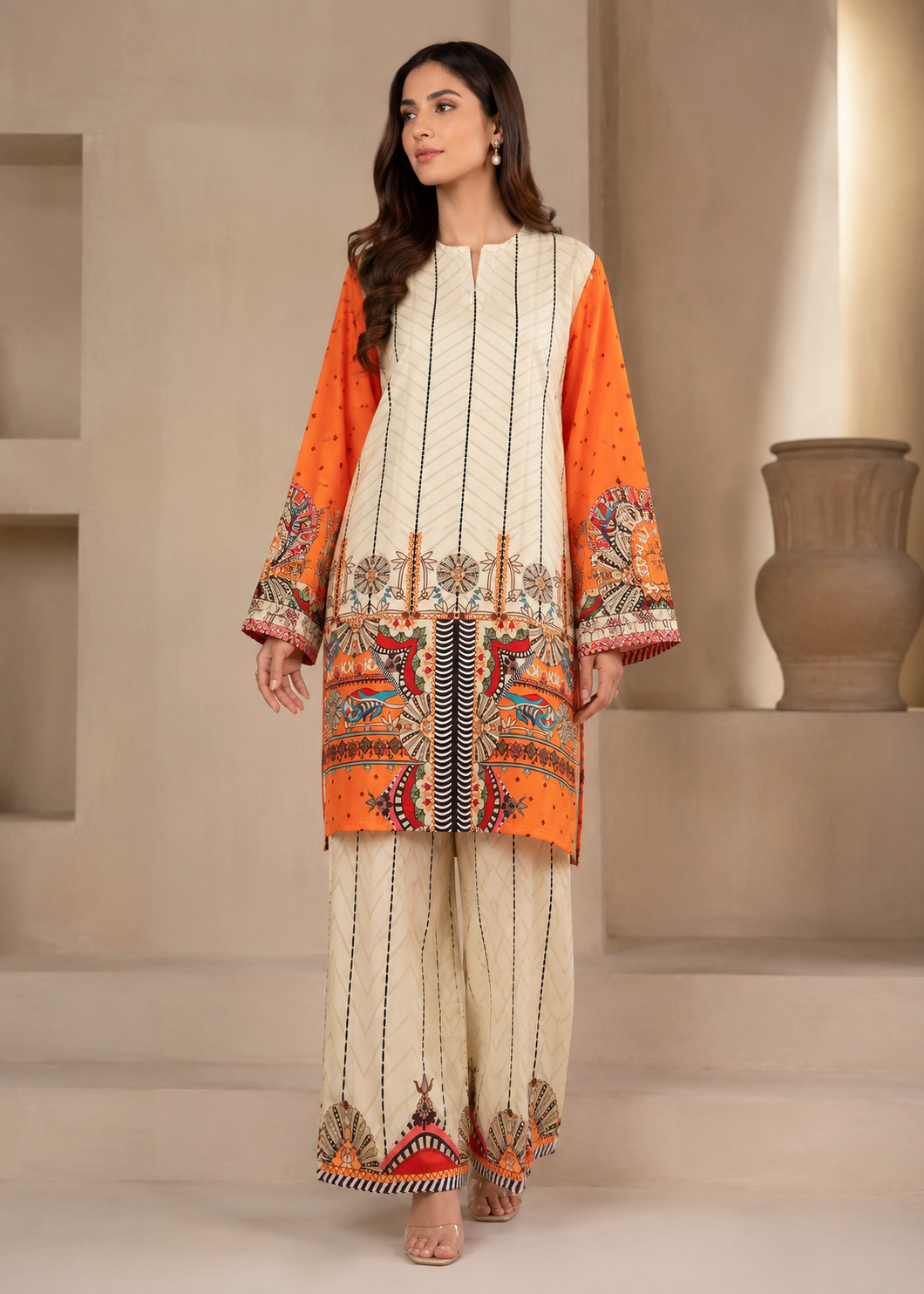 lawn Co Ord Sets in Cream, orange