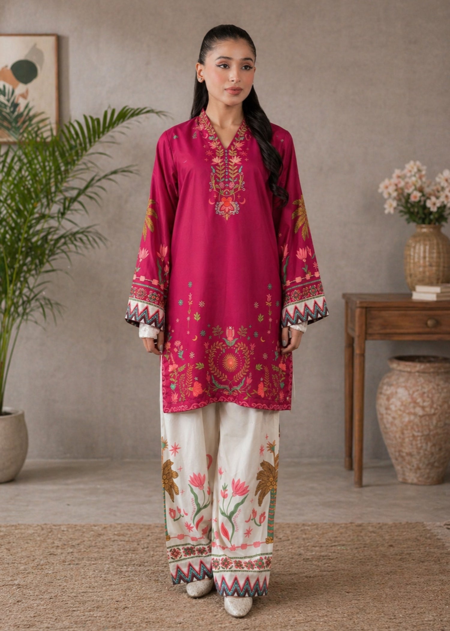 poly lawn Kurta Set in Maroon
