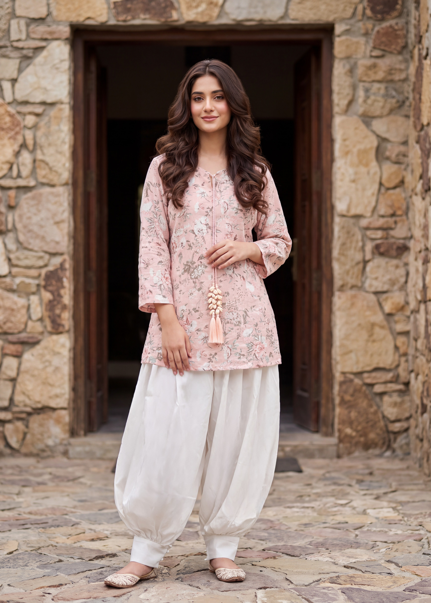 lawn Kurta Set in White, pink lace