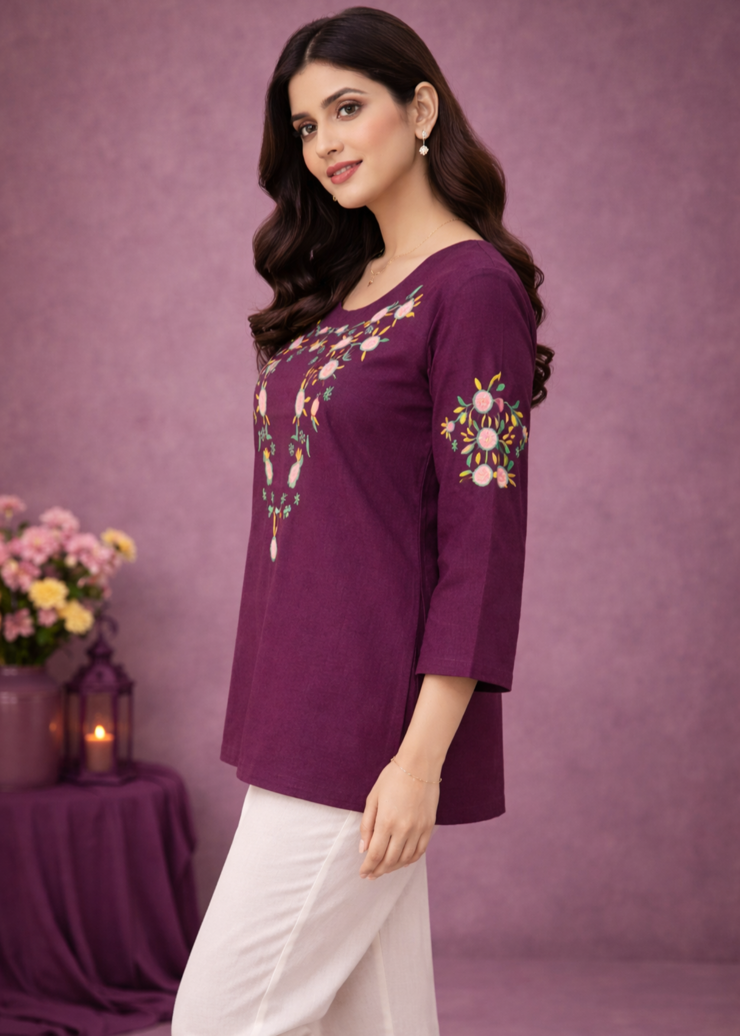 cotton karandi Tunic in Purple