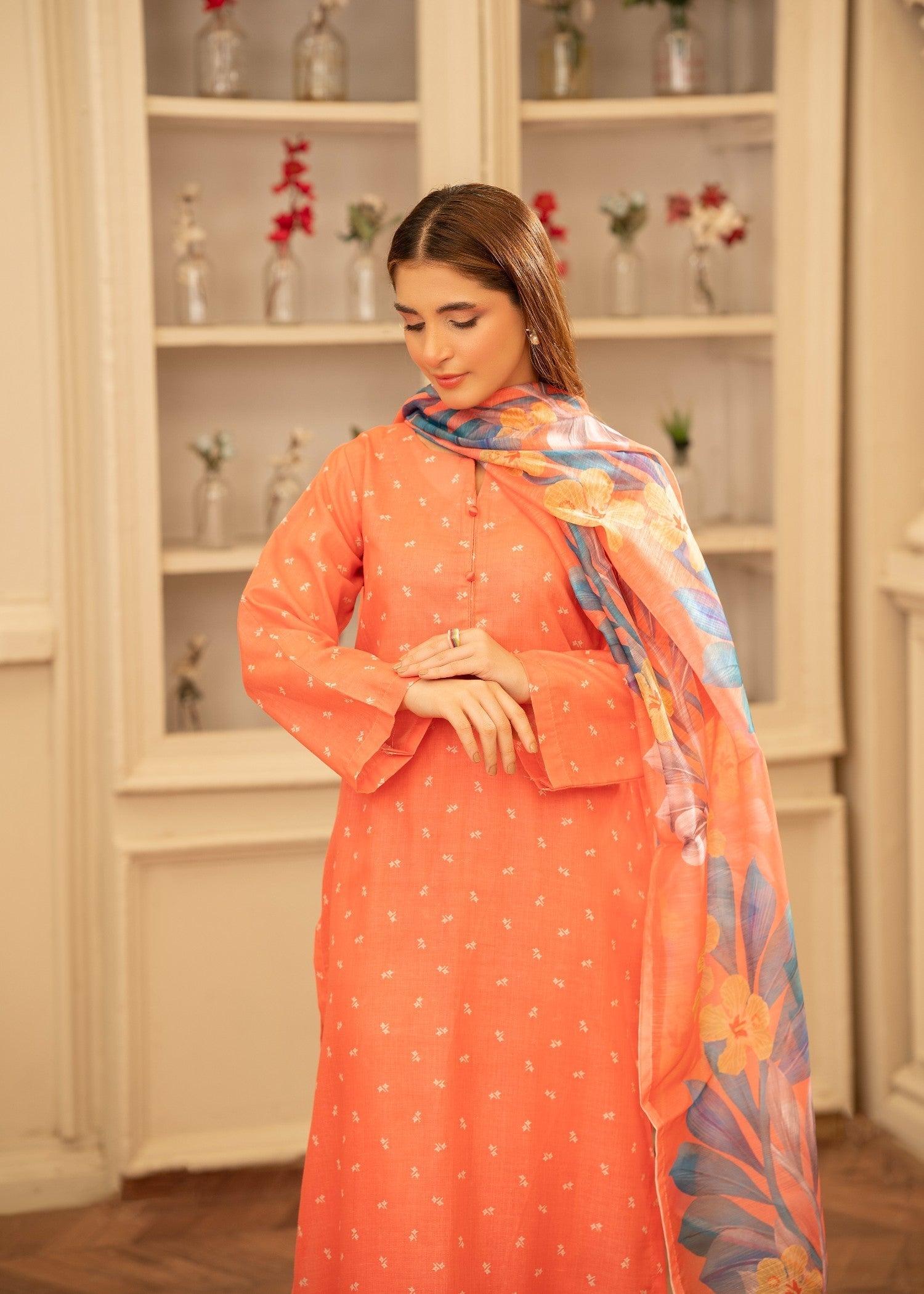 poly lawn Kurta Set in Coral pink