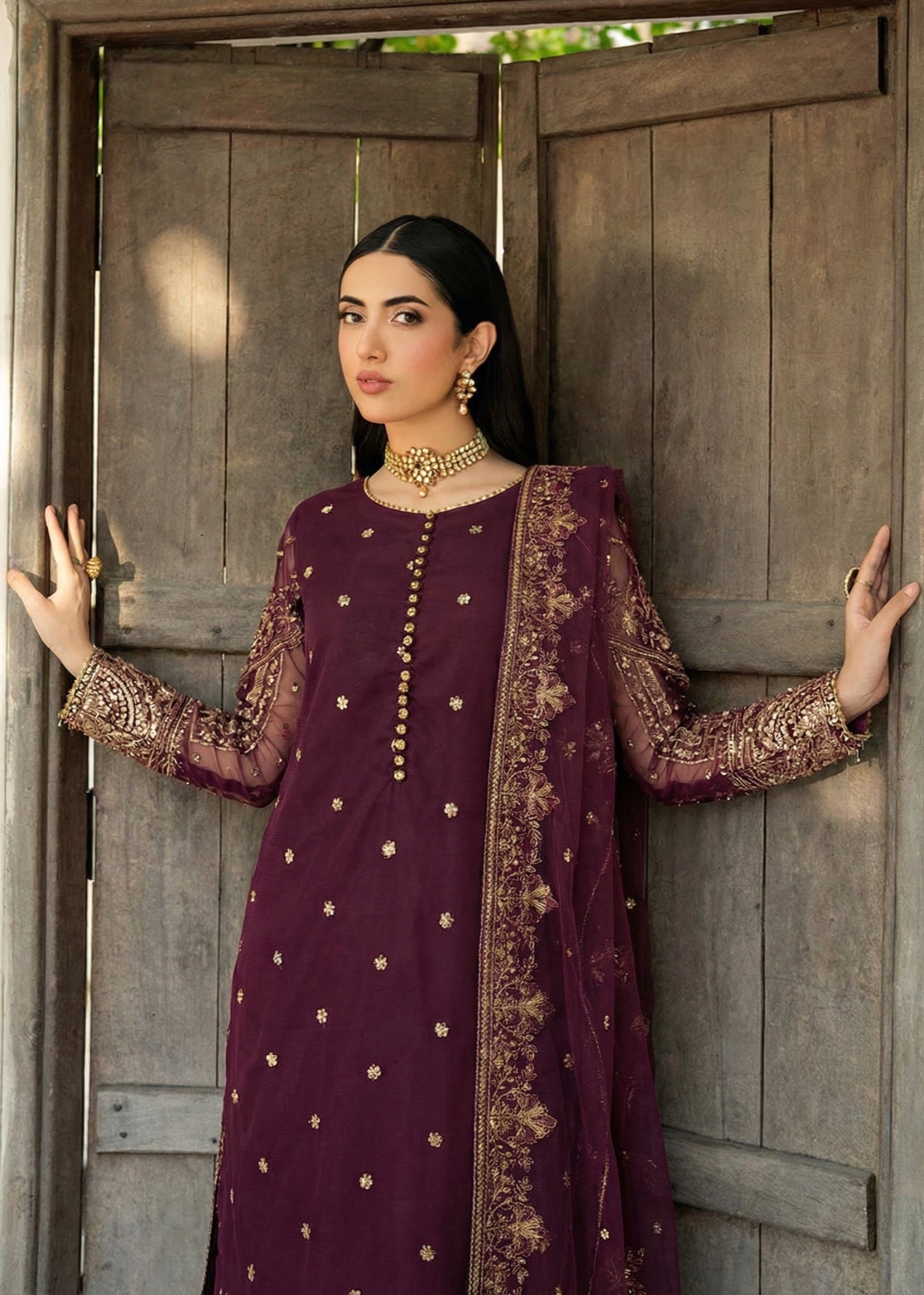 net Kurta Set in Plum