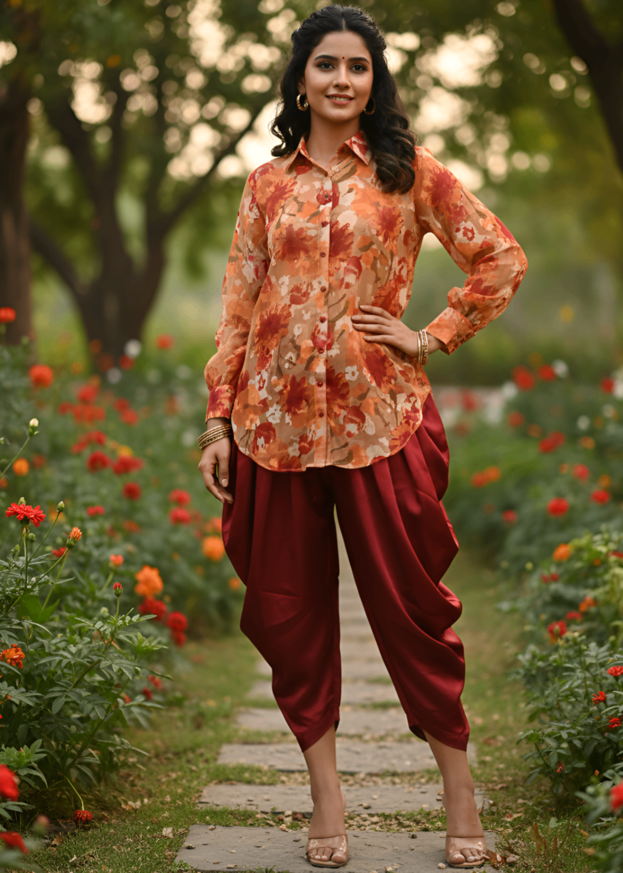 jacquard chiffon Kurta Set in Pumpkin orange