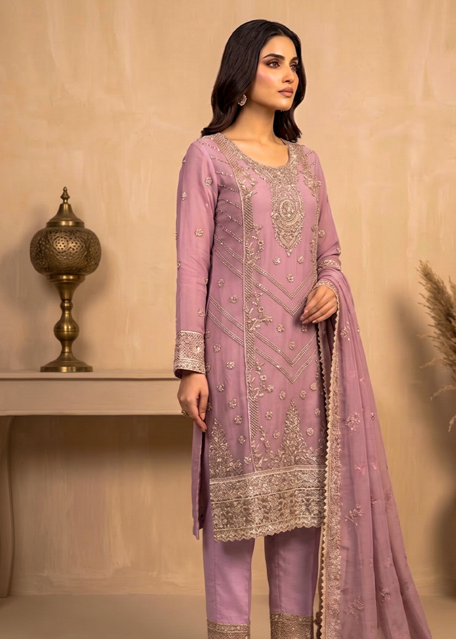 chiffon Kurta Set in Lavender