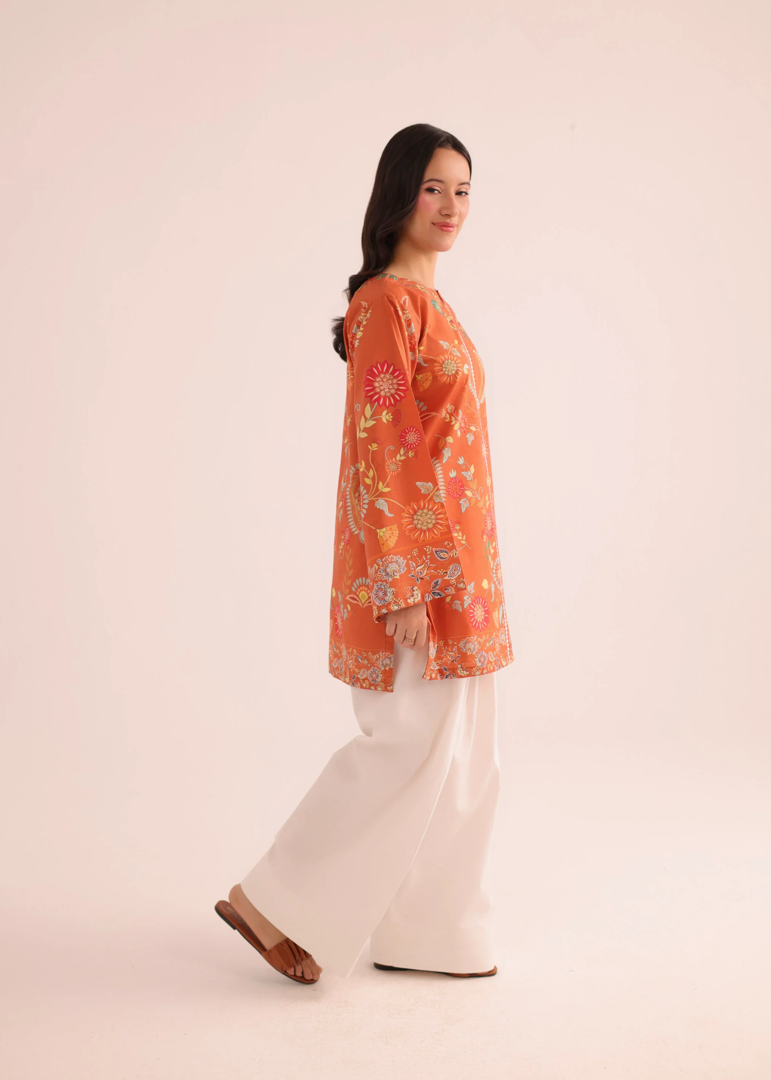poly lawn Kurti in Sunset orange