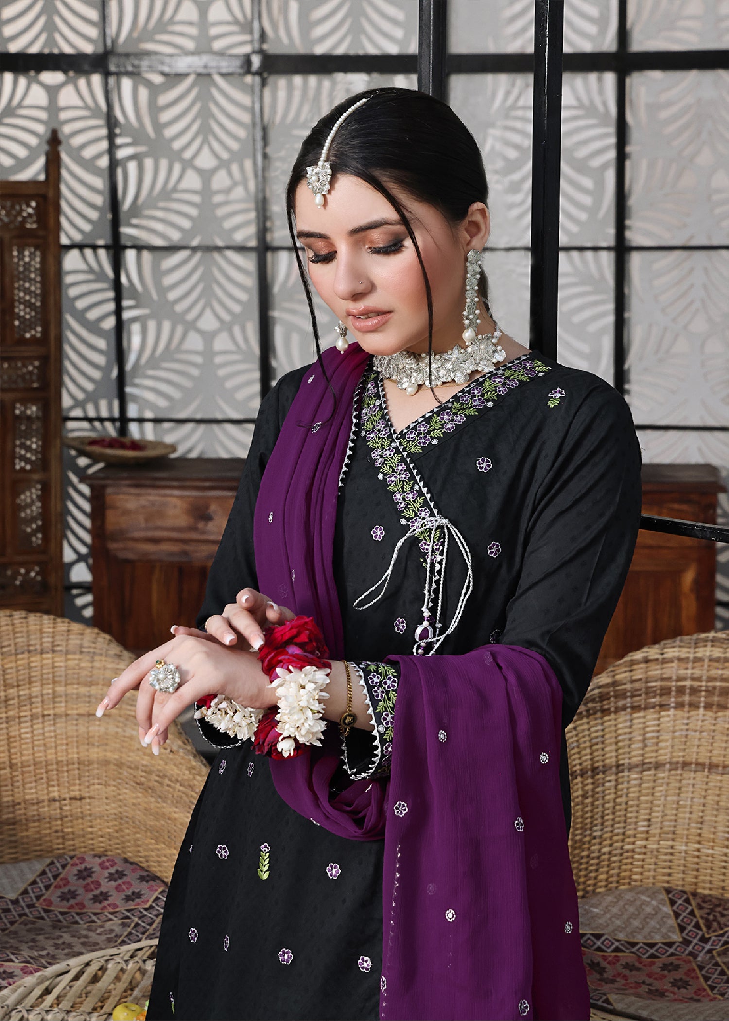 lawn Angrakha in Black