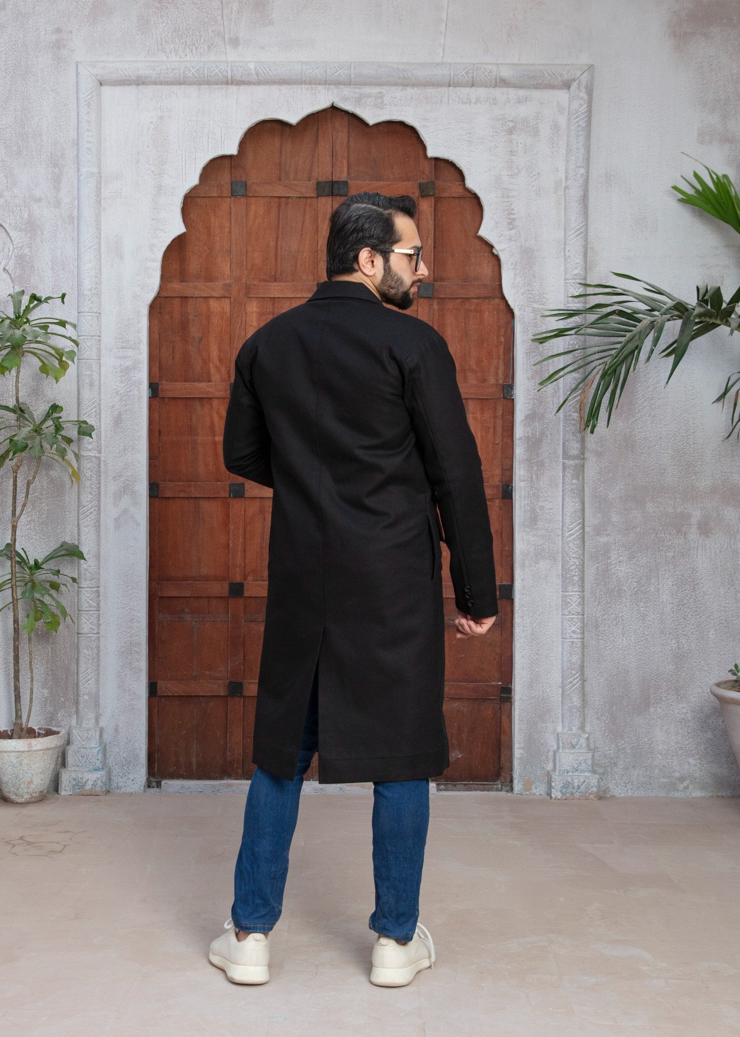 twill khaddar Coat in Black