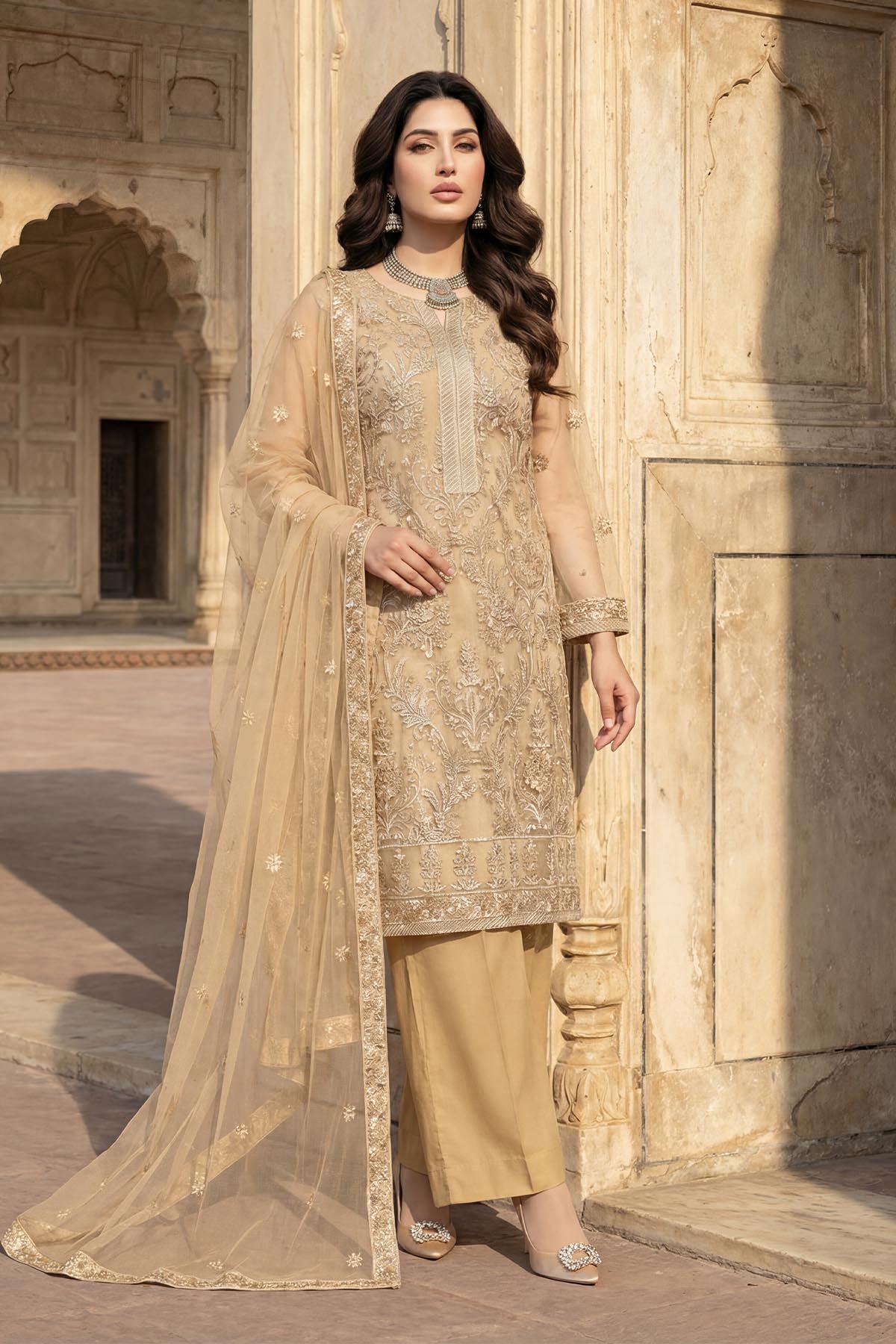 silk cotton net Kurta Set in Gold