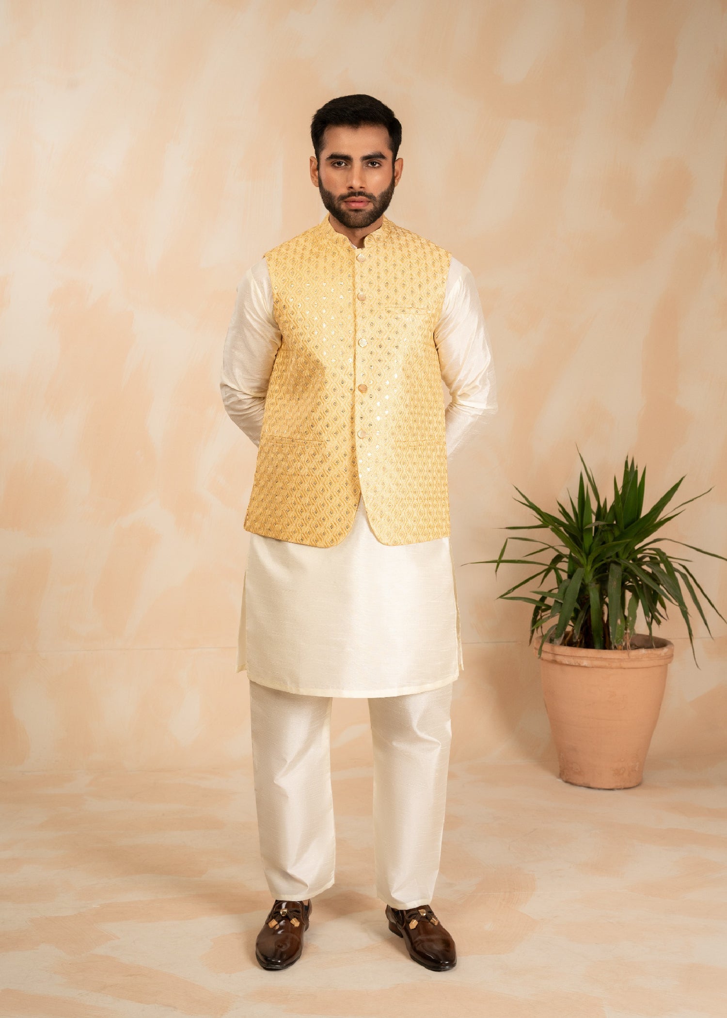 jamawar Waistcoat in Yellow