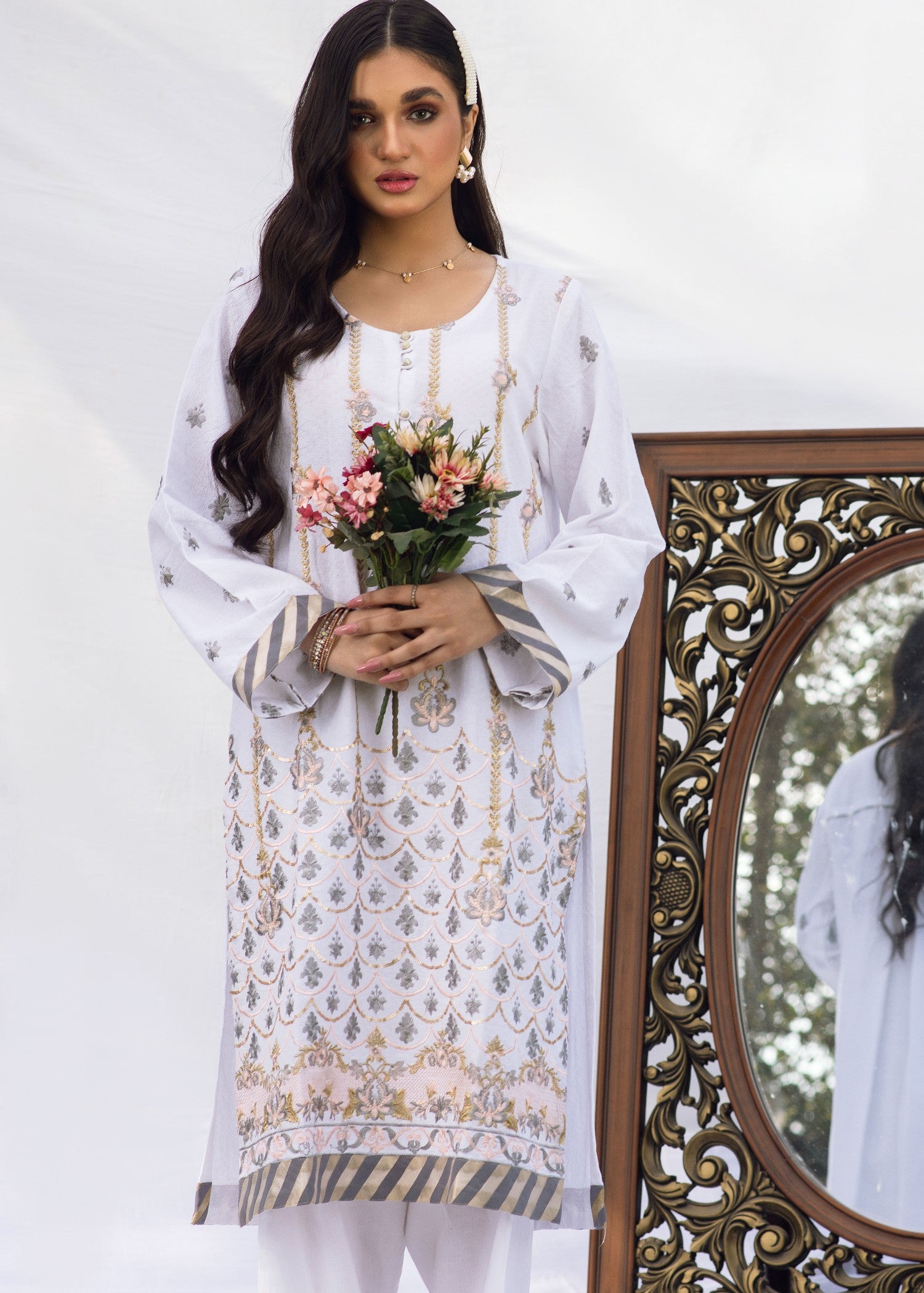 self jacquard Kurti in White