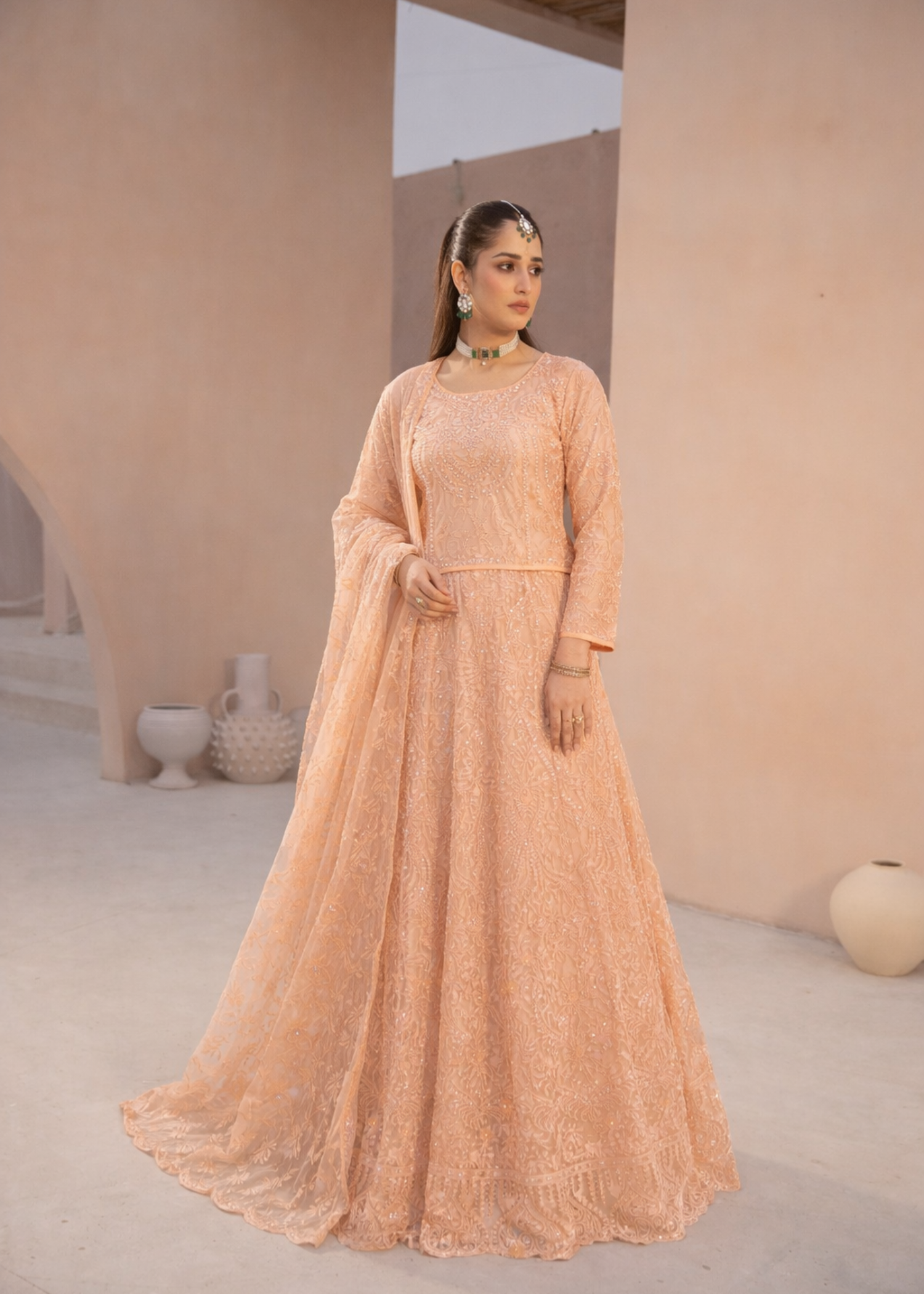 net Lehenga in Peach orange