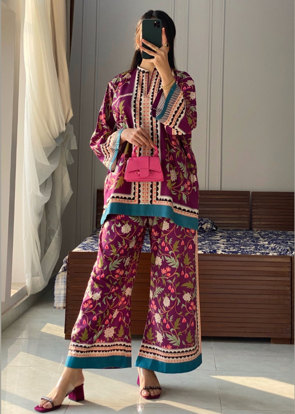 slub lawn Co Ord Sets in Purple