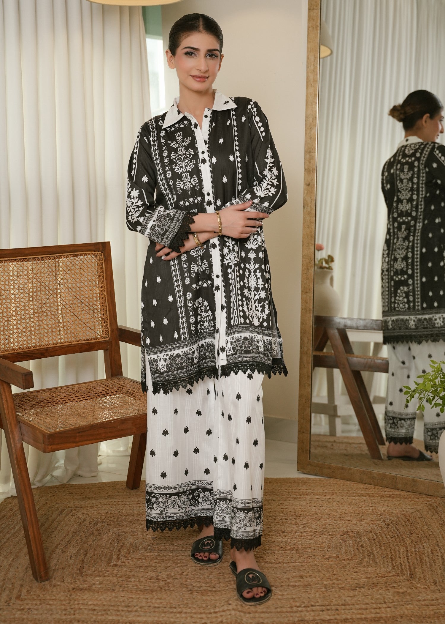 textured lawn Co Ord Sets in Black, white