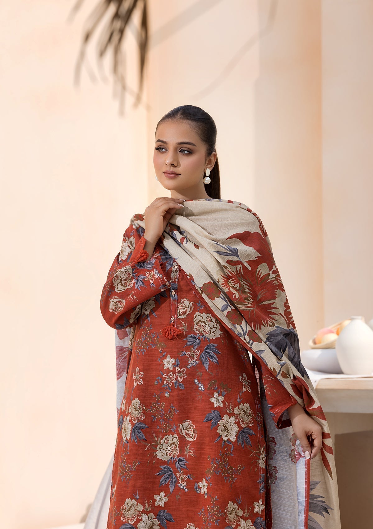 khaddar Kurta Set in Rust red