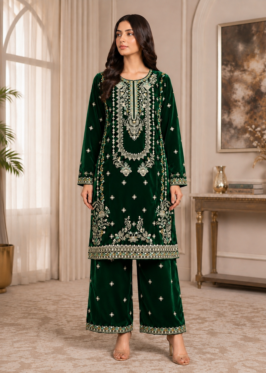 chinese micro velvet 9000 Kurta Set in Dark green