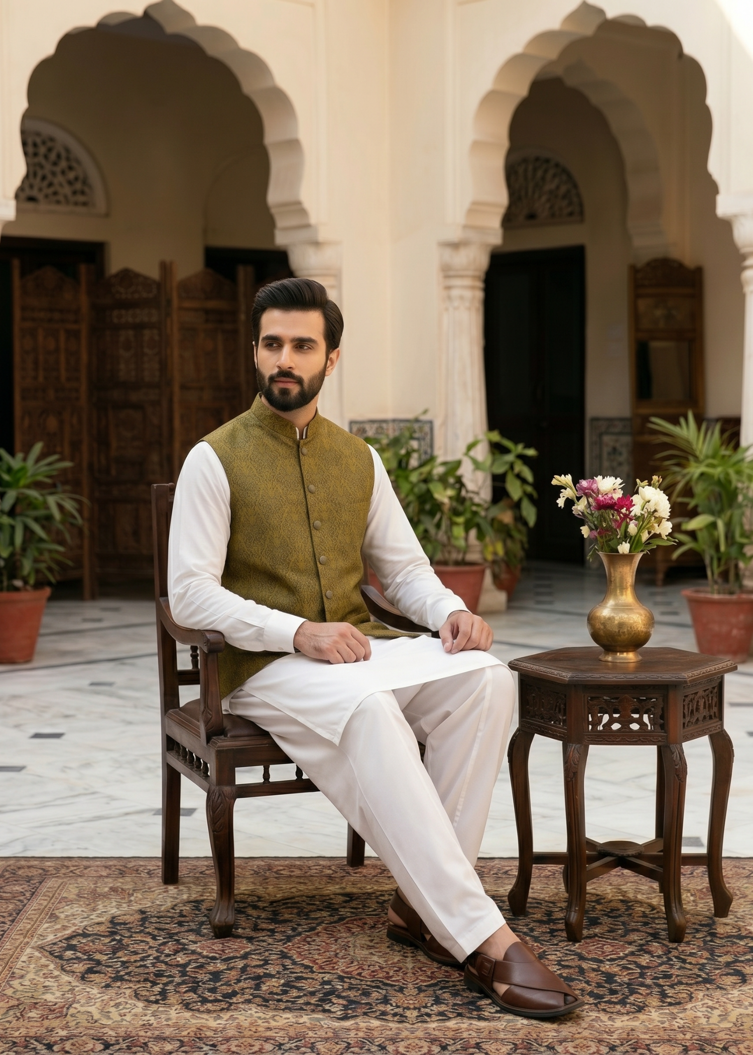 banarsi silk Waistcoat in Olive green