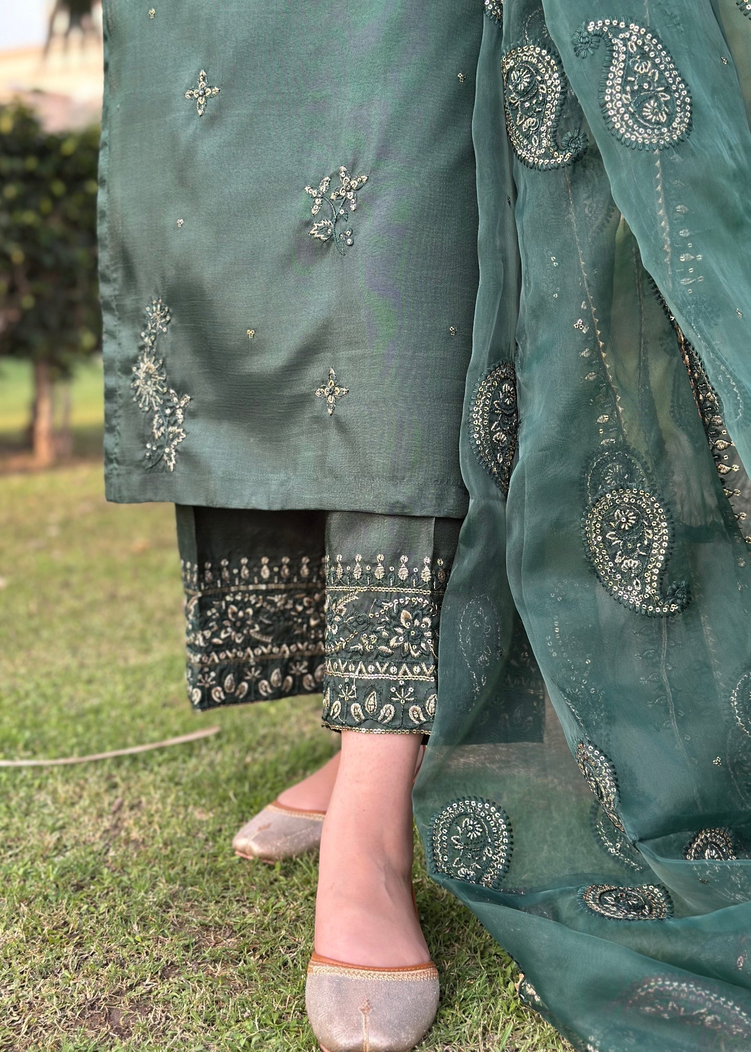 kattan silk Kurta Set in Dark green
