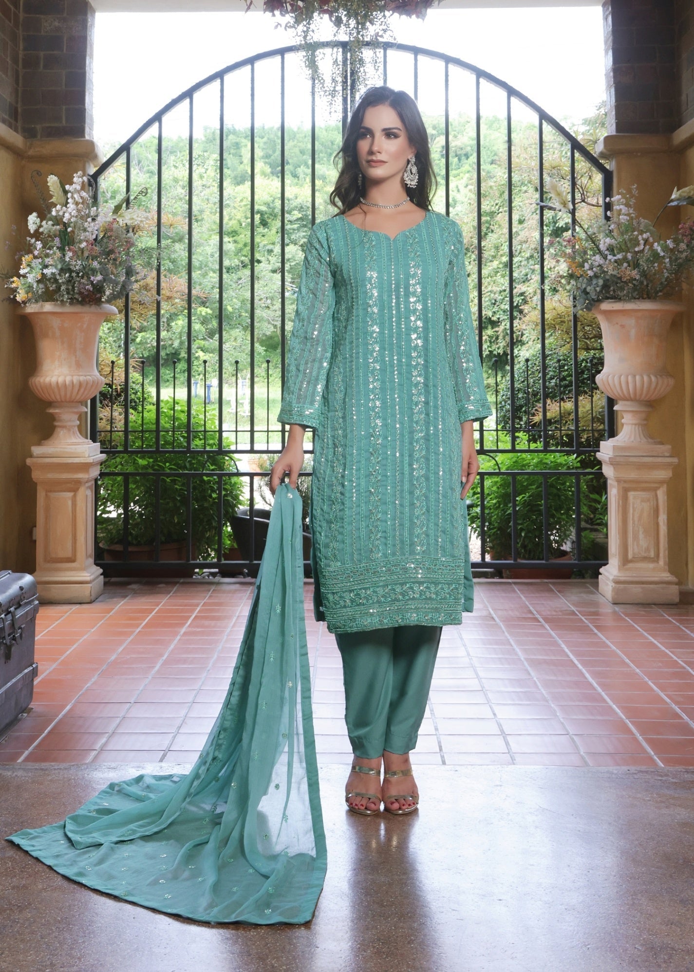 chiffon Kurta Set in Light cyan