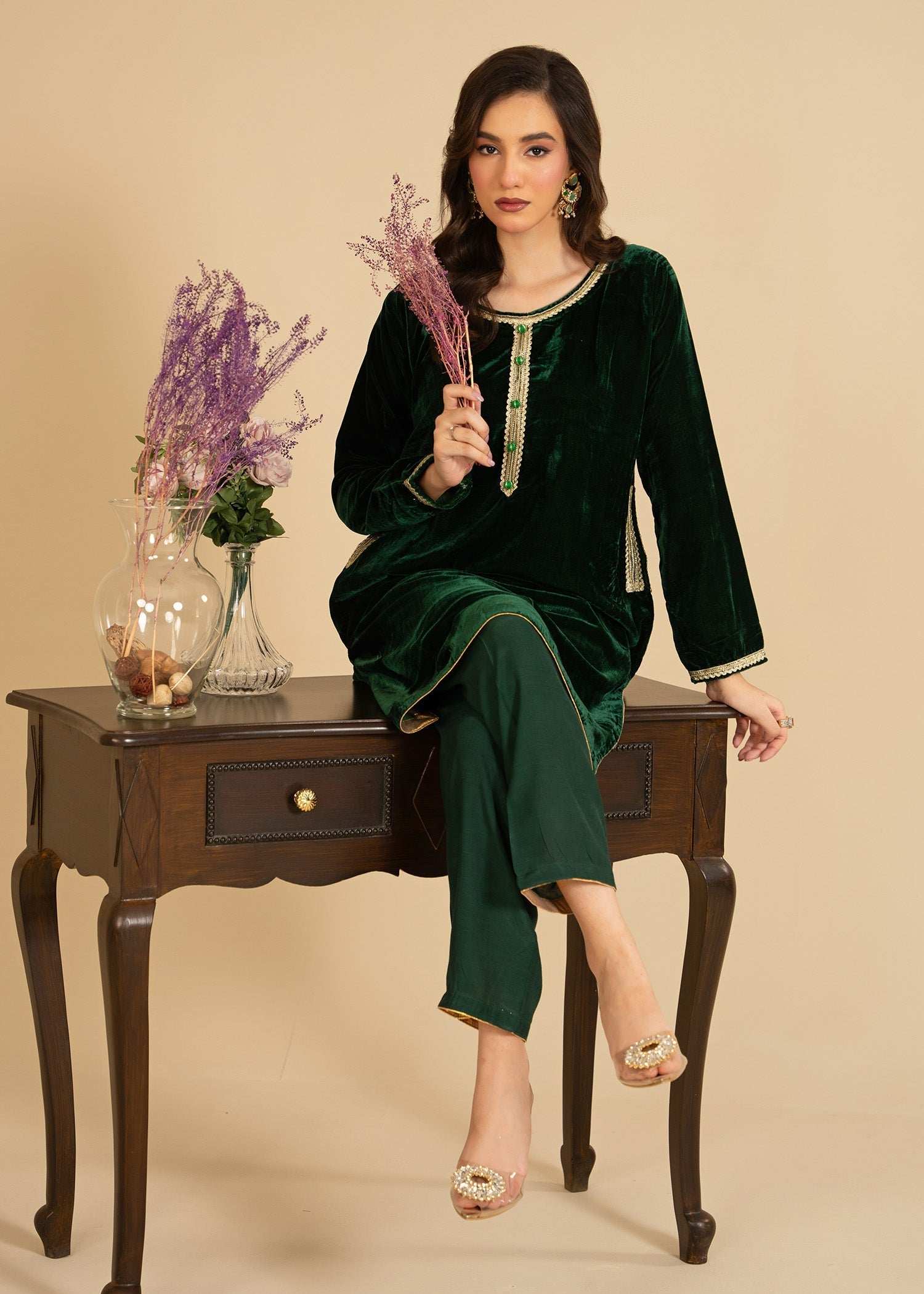 velvet Kurta Set in Dark green
