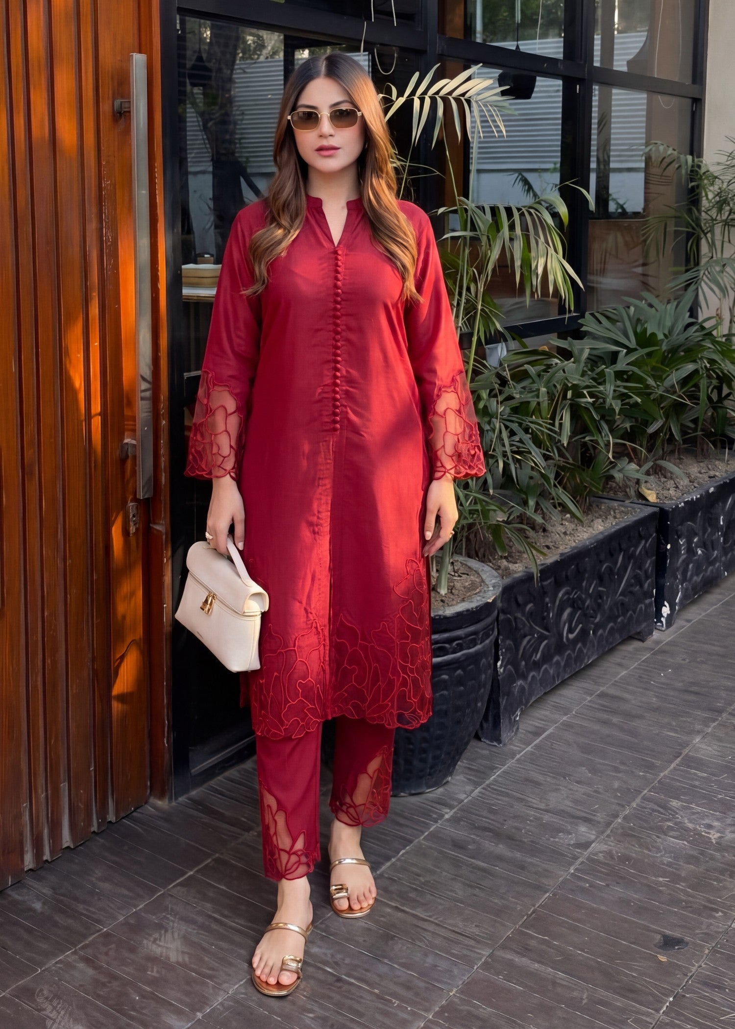 lawn Kurta Set in Maroon, wine