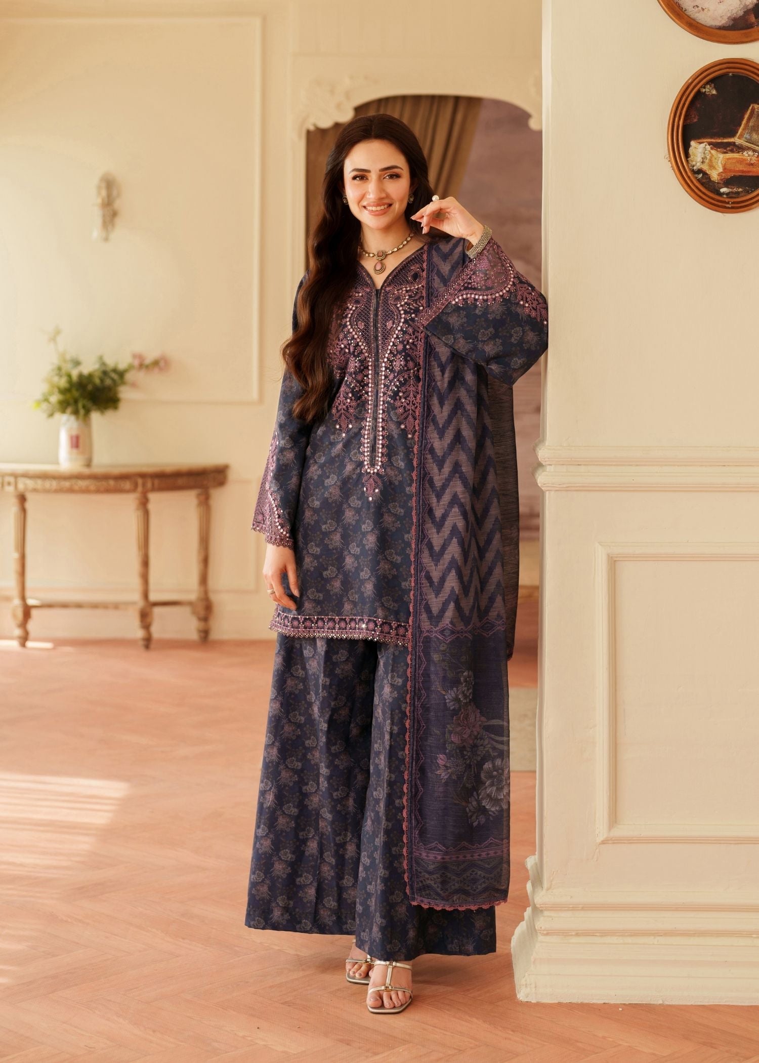 organza Kurta Set in Navy blue