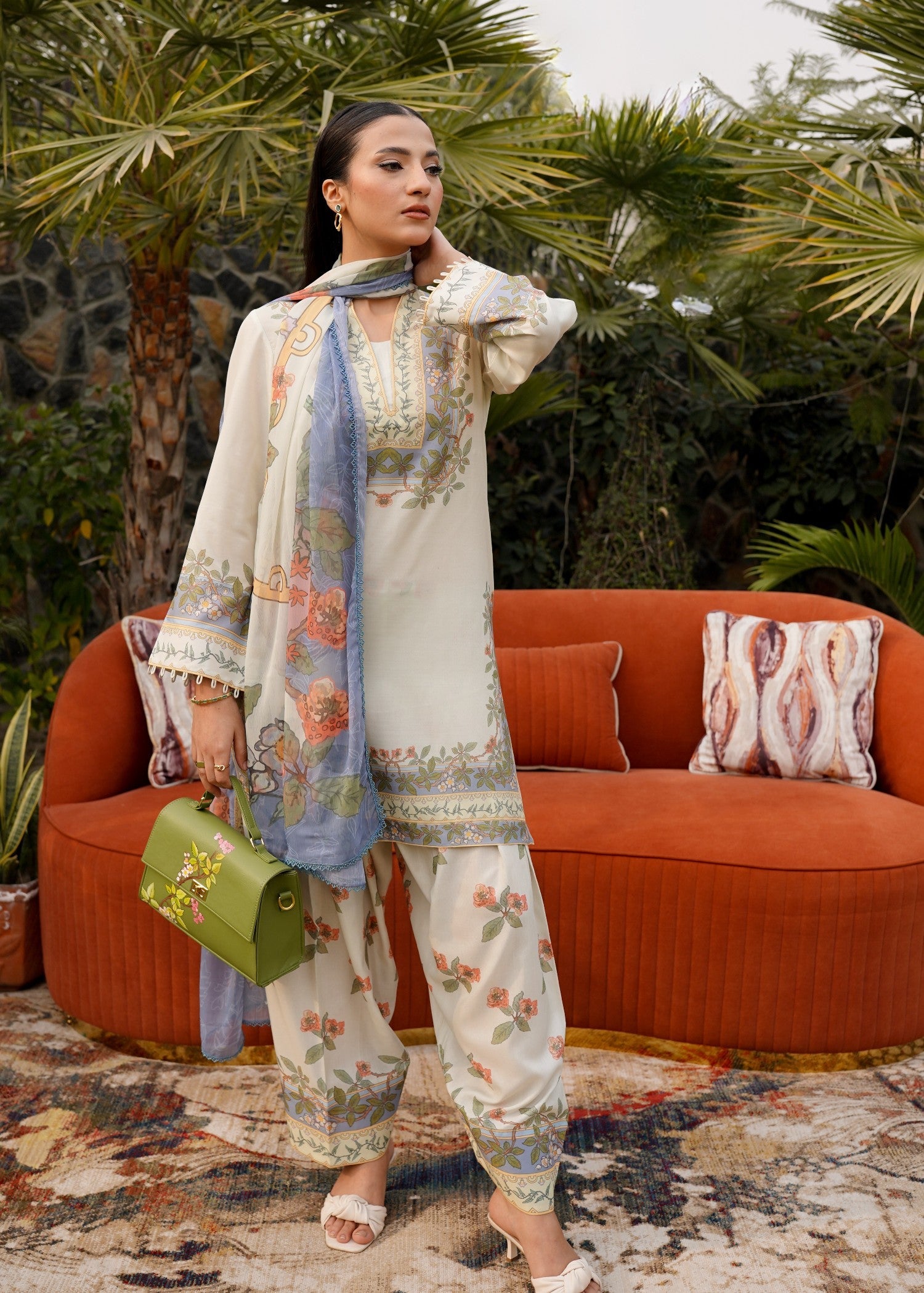 poly lawn Kurta Set in Tea green