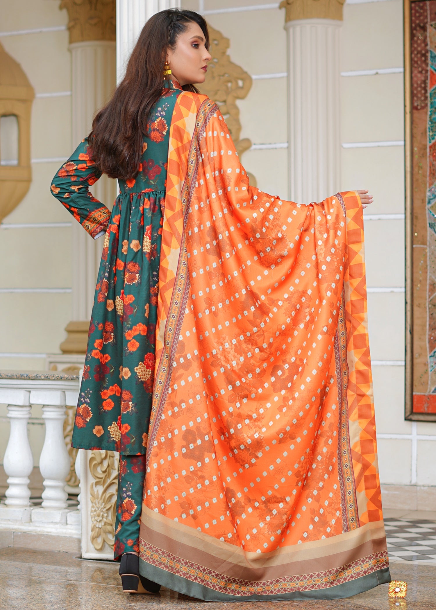 slub khaddar Short Frock in Pumpkin orange, pine green