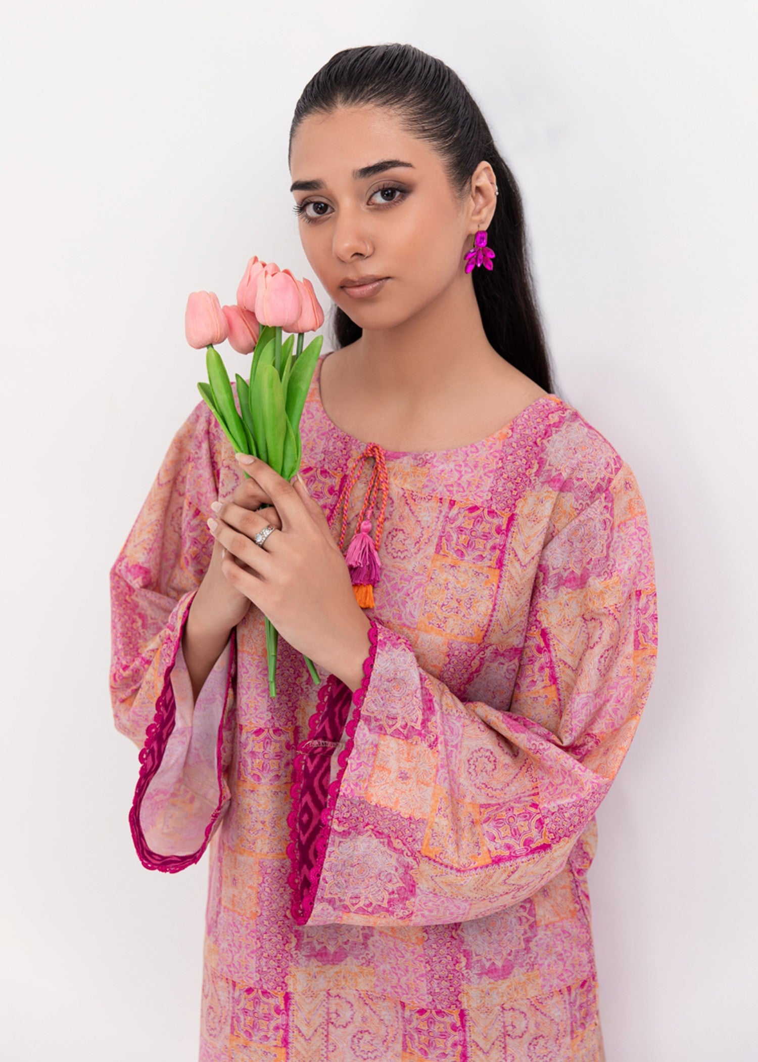 silk finish lawn Kurta Set in Hot pink red