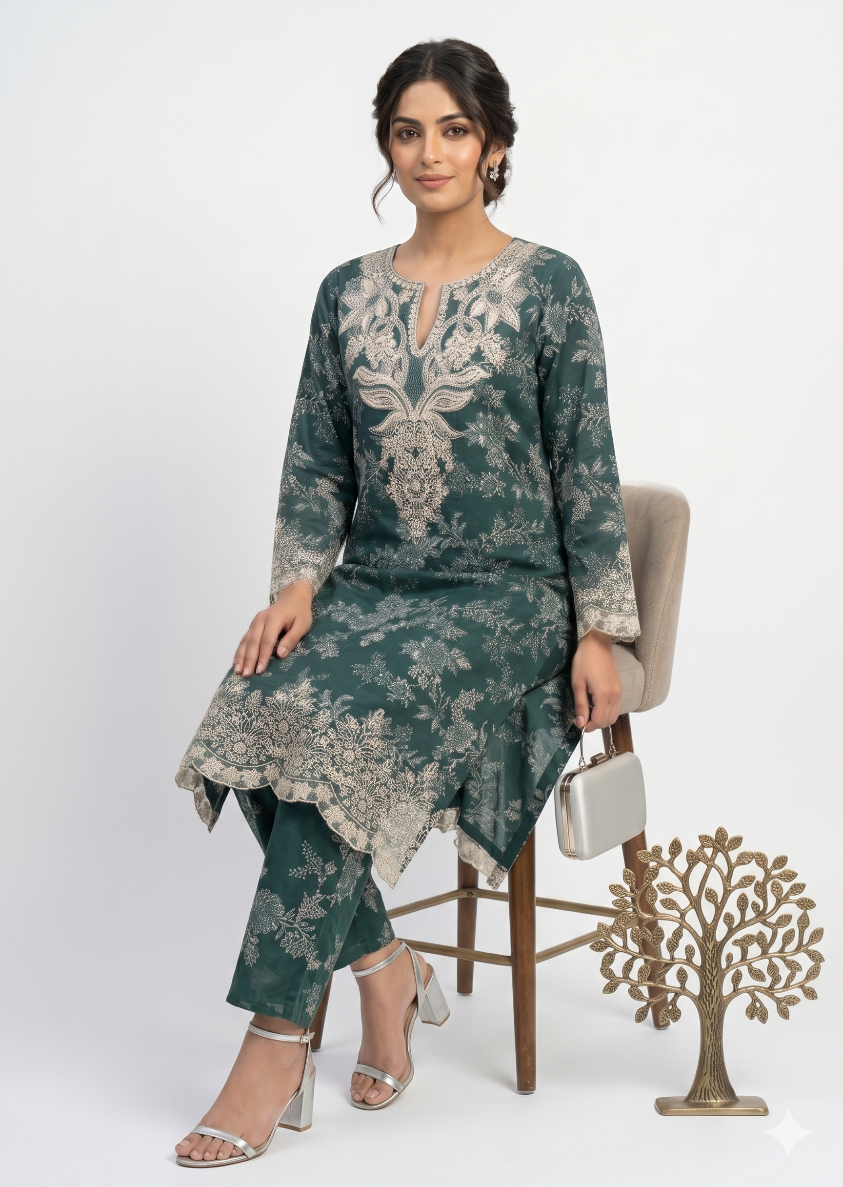 poly lawn Kurta Set in Forest green, off-white