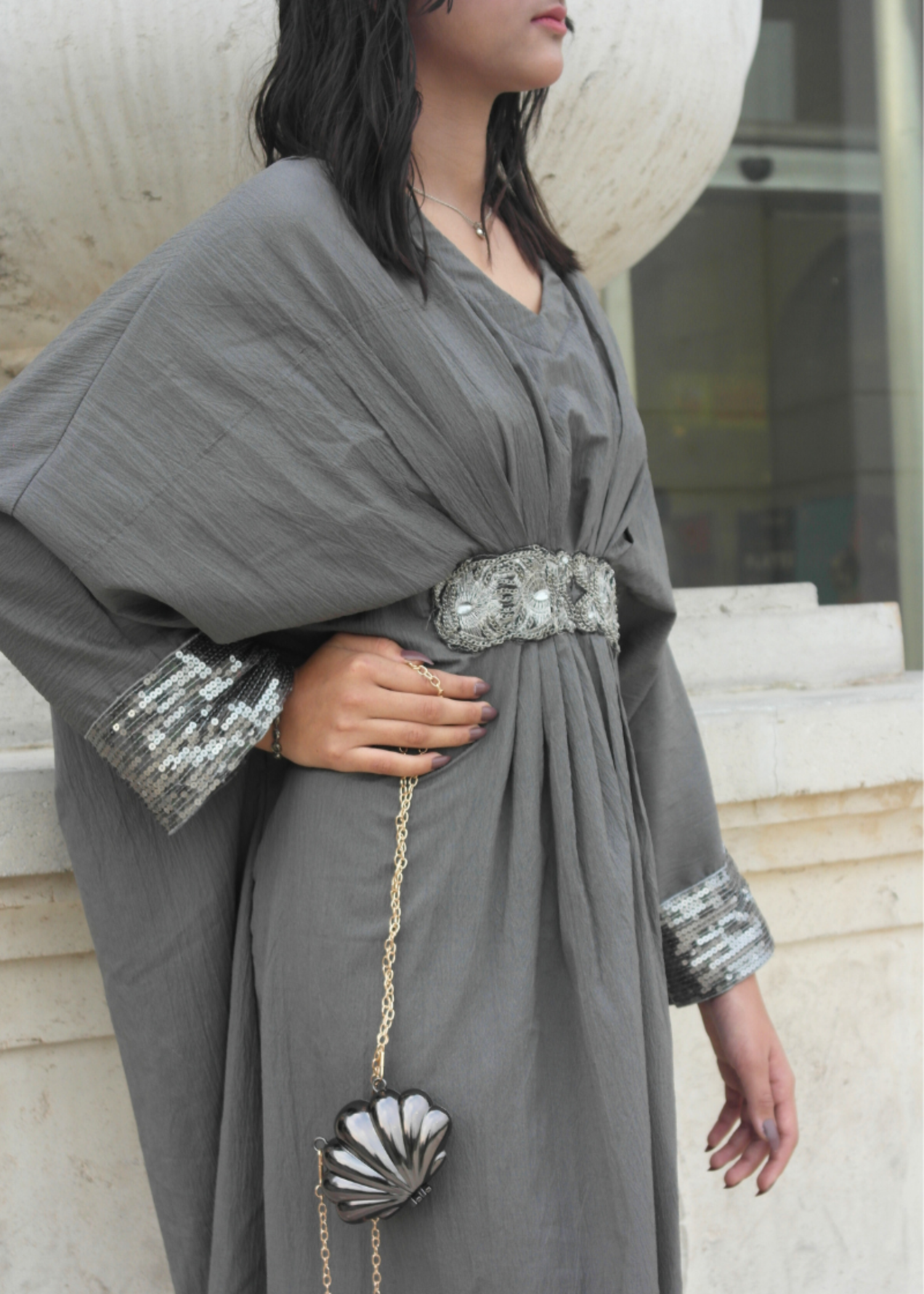 textured grip Kaftan in Steal grey