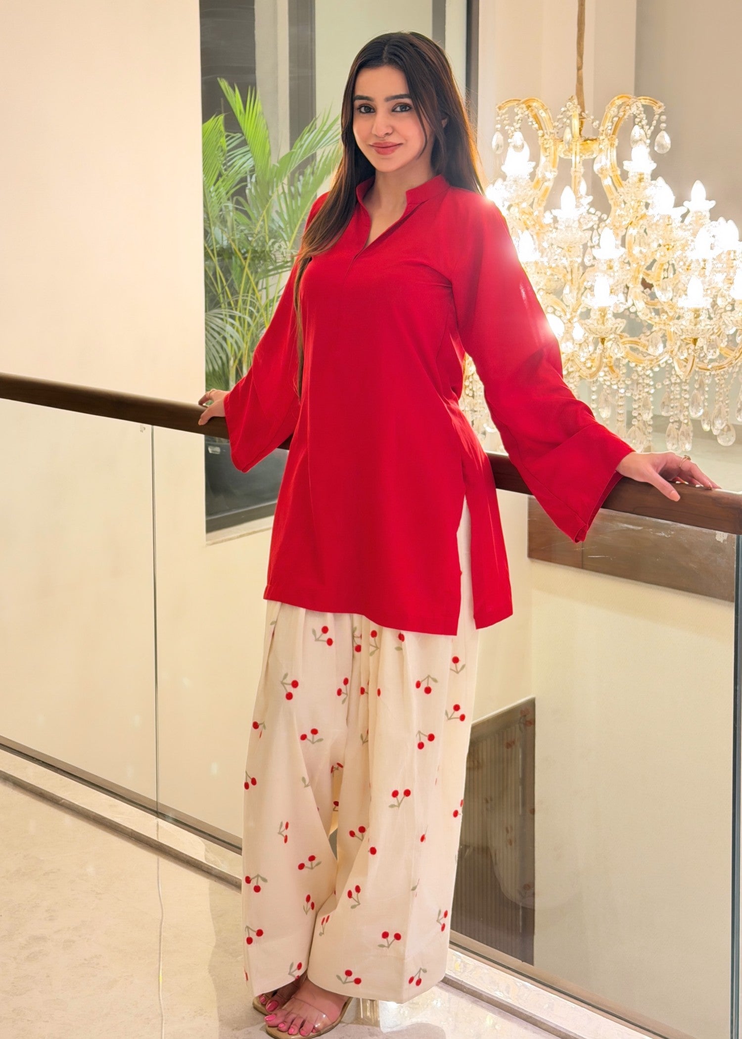 arabic lawn Kurta Set in Red, cream