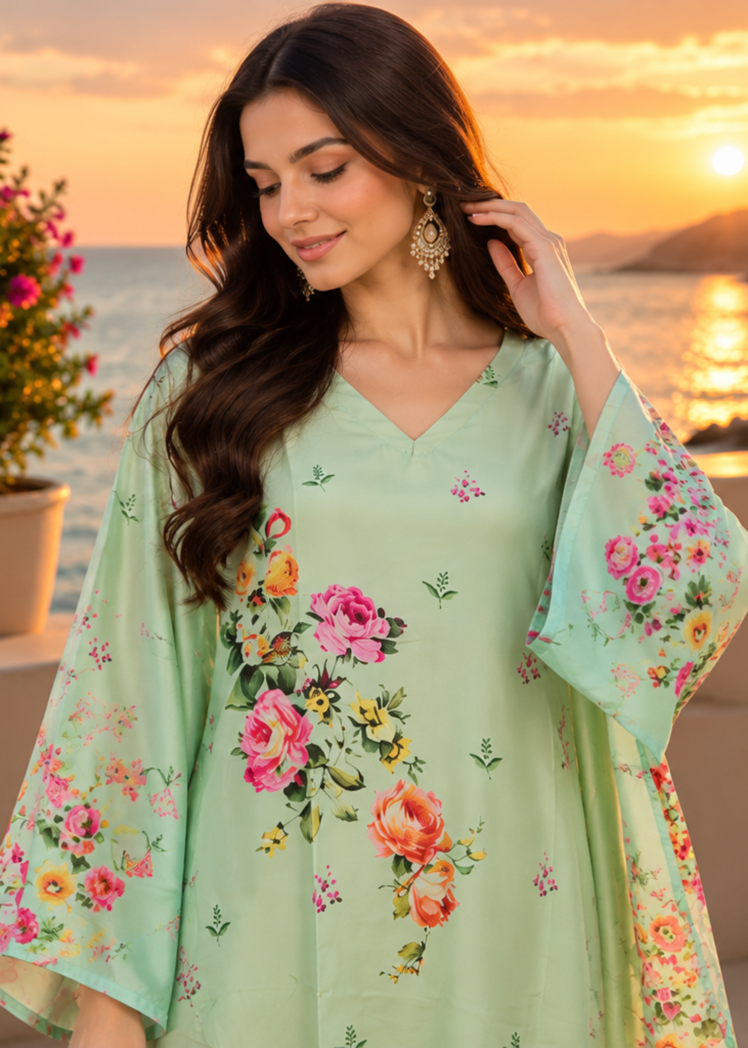 silk charmeuse Kaftan in Pastel green