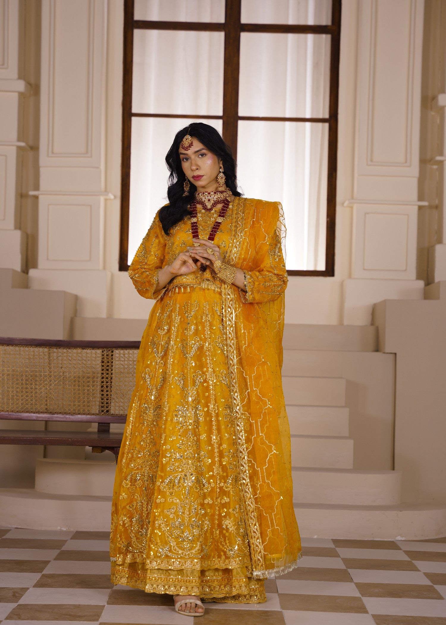 organza Lehenga in Marigold