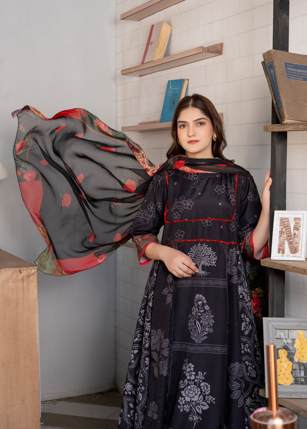 poly lawn Anarkali in Black, red, white