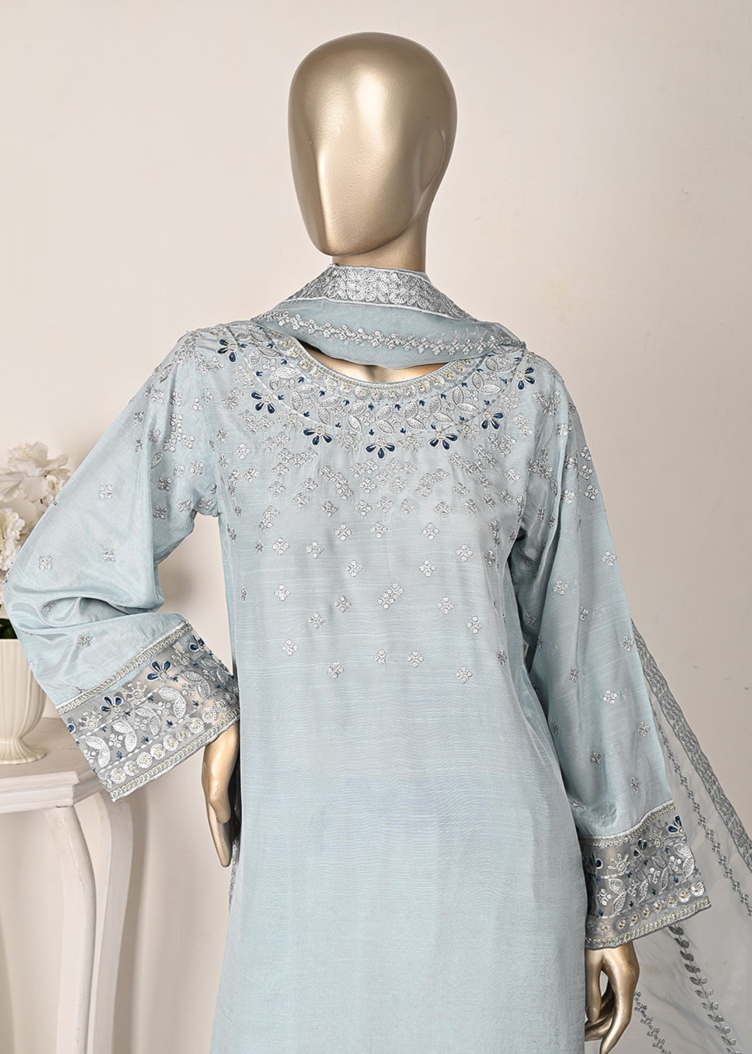viscose raw silk Kurta Set in Light blue