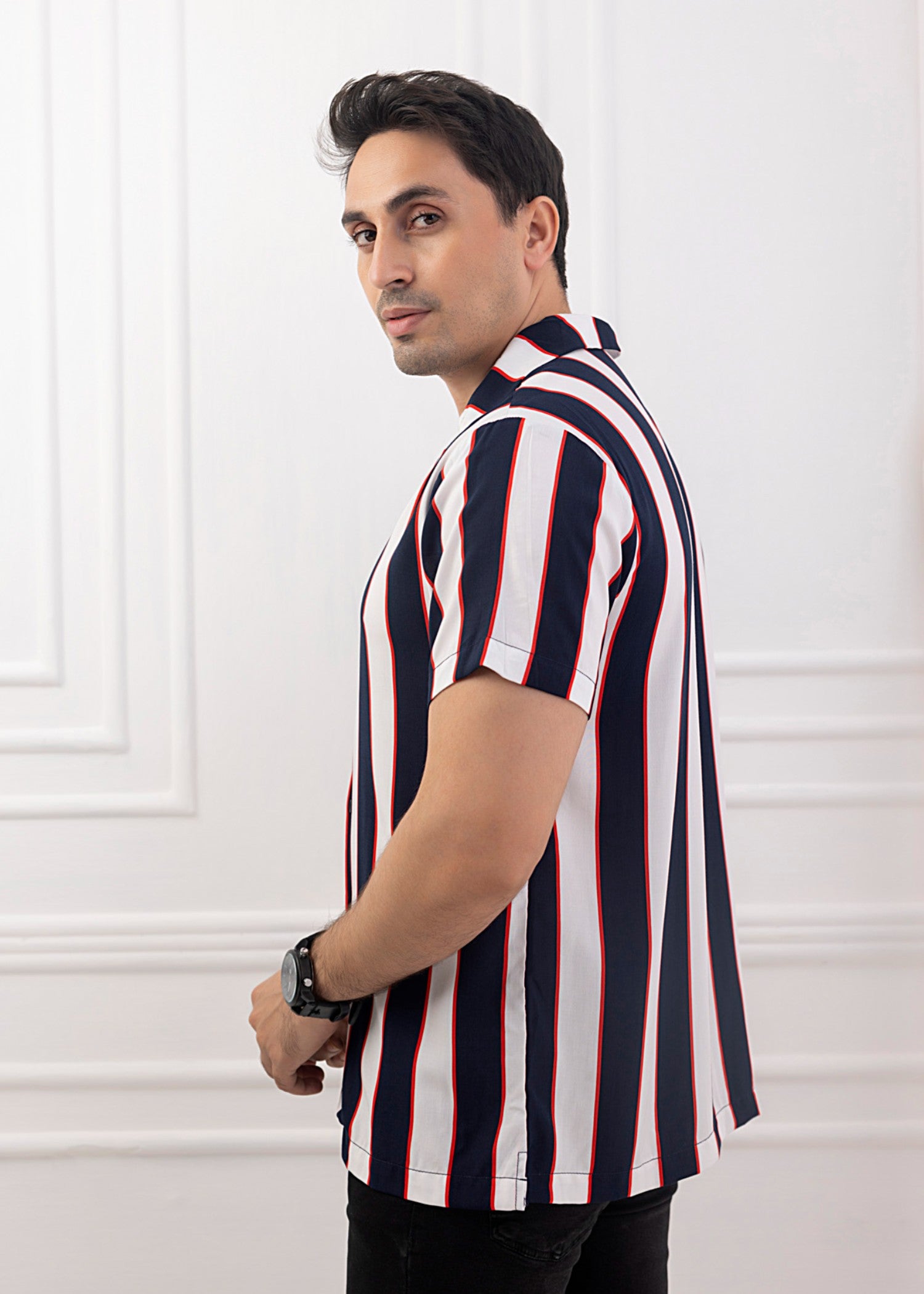 linen Casual Shirt in Black, white, red