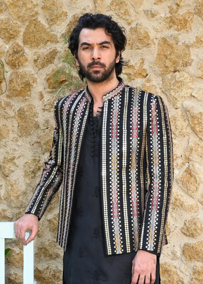 raw silk Prince Coat in Jet black