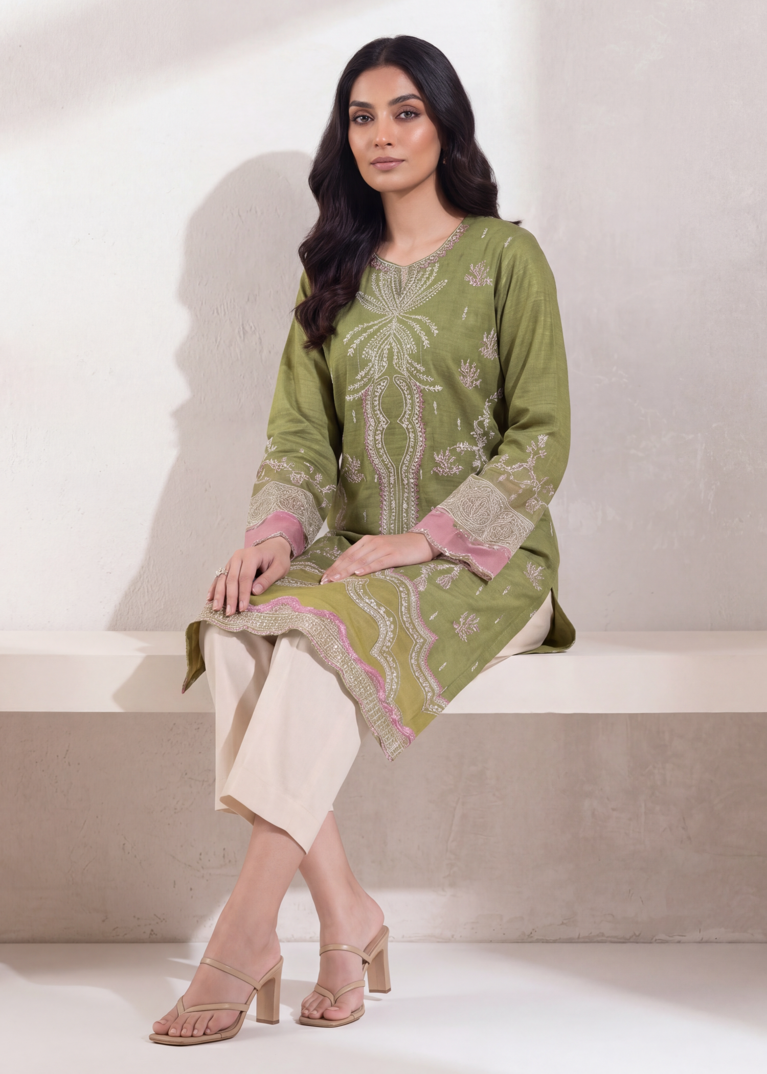 textured lawn Kurta Set in Beige, olive green