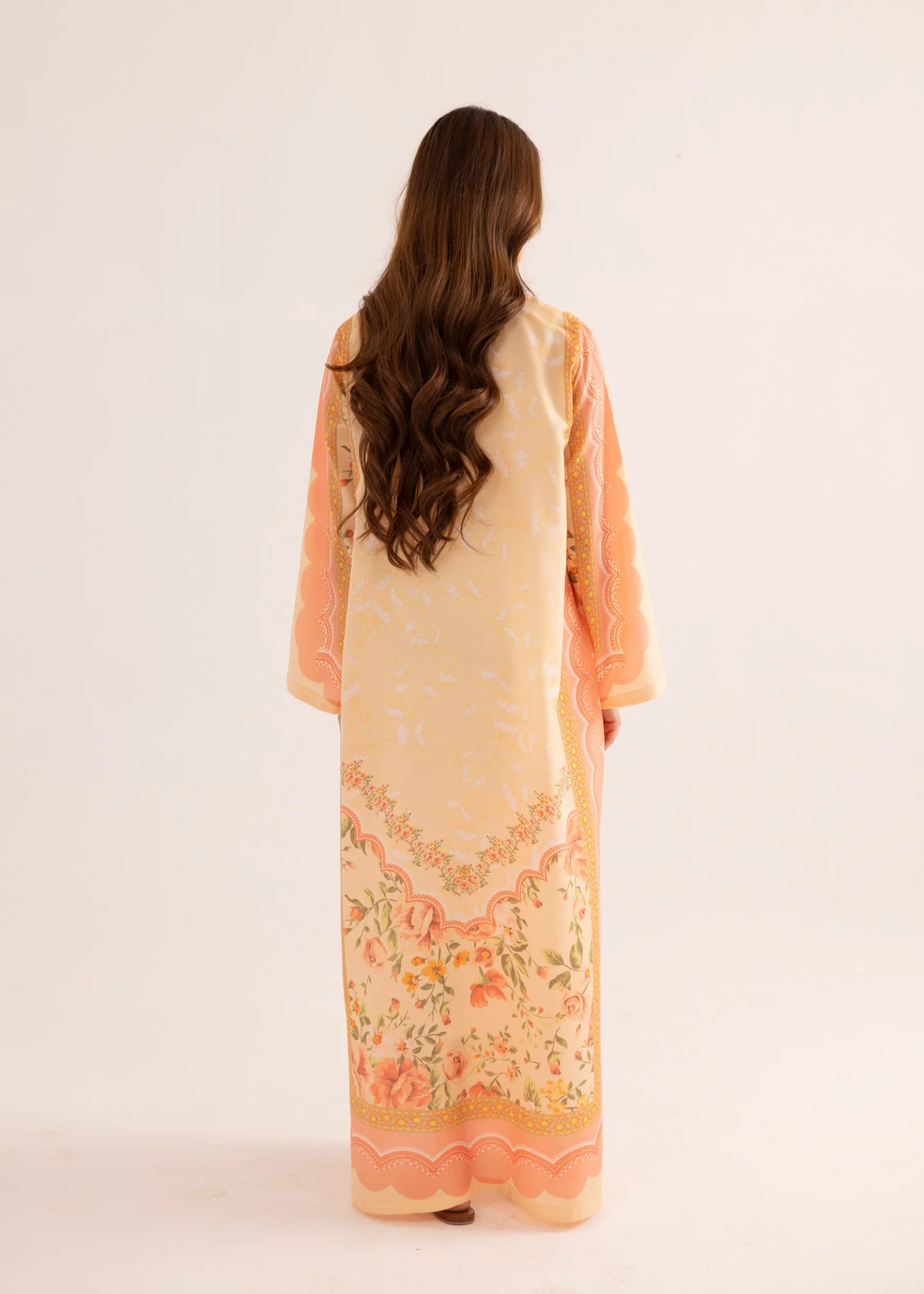 silk finish lawn Kaftan in Pink, peach orange