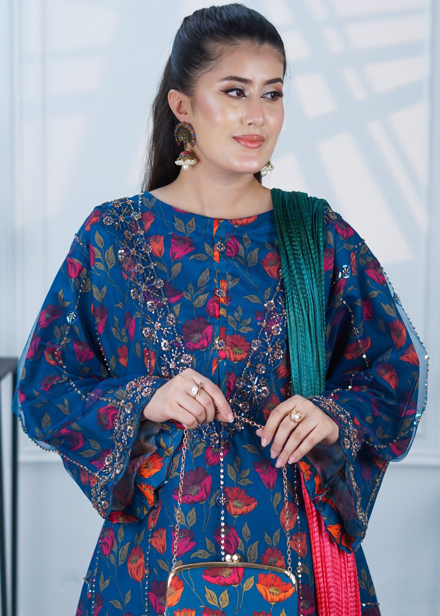 crepe Kurta Set in Ocean blue
