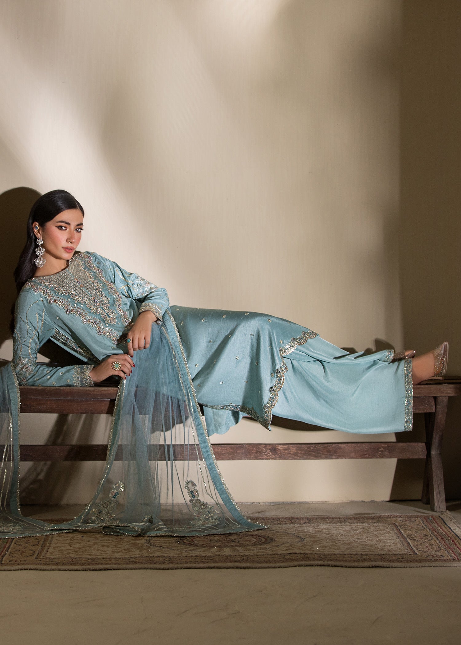 raw silk Kurta Set in Ice blue