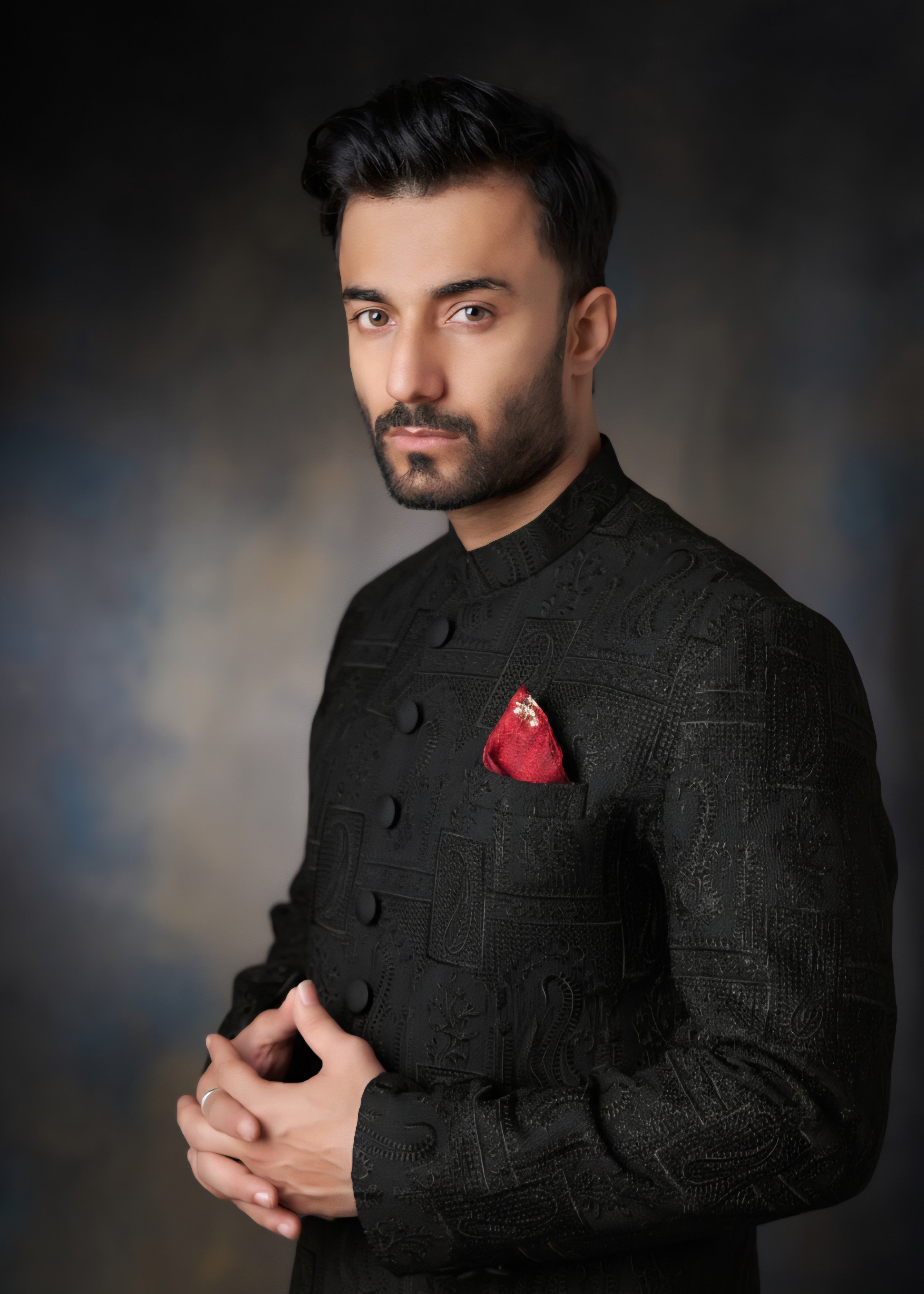 viscose raw silk Sherwani in Black