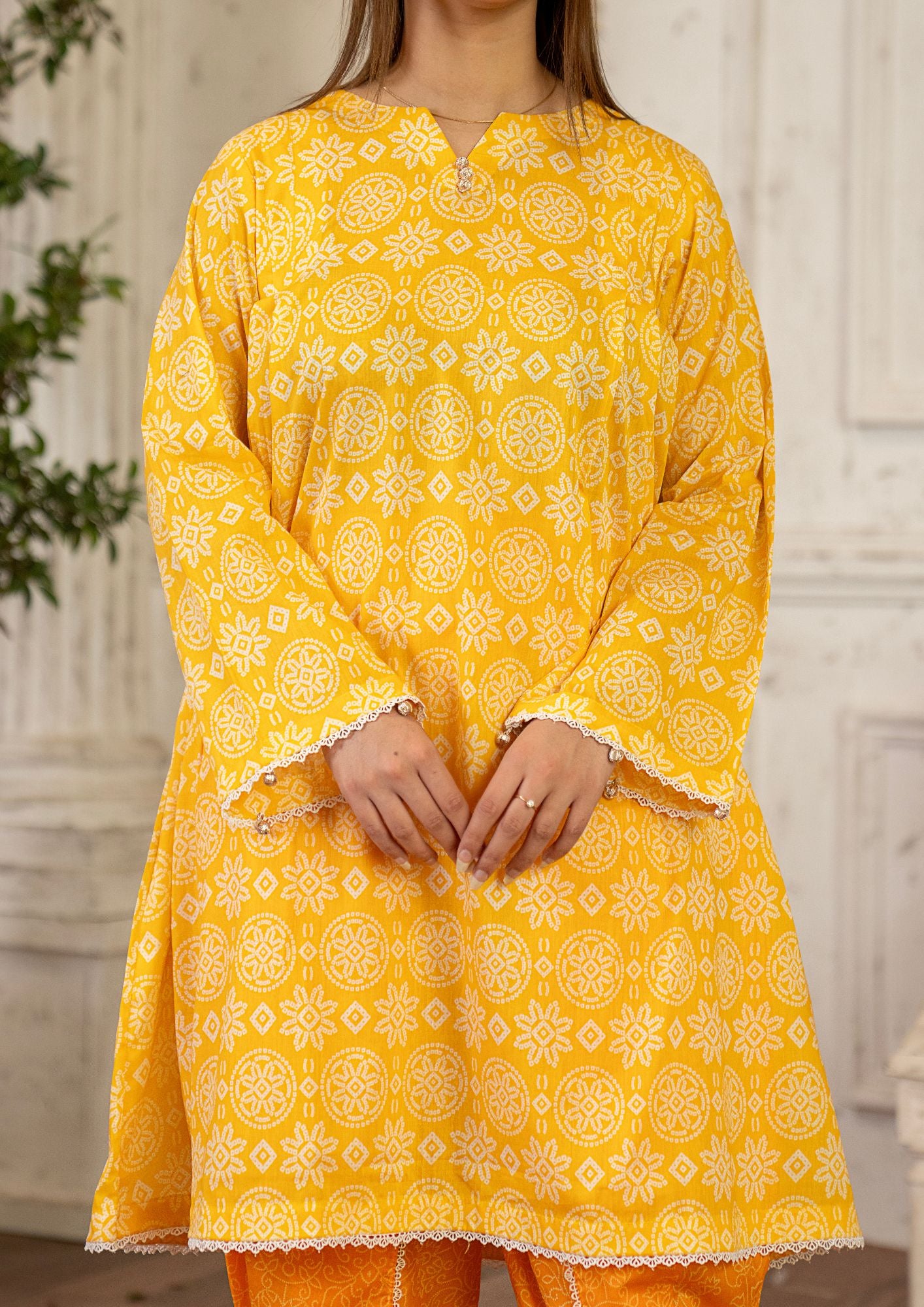 lawn Short Frock in Yellow-orange, yellow