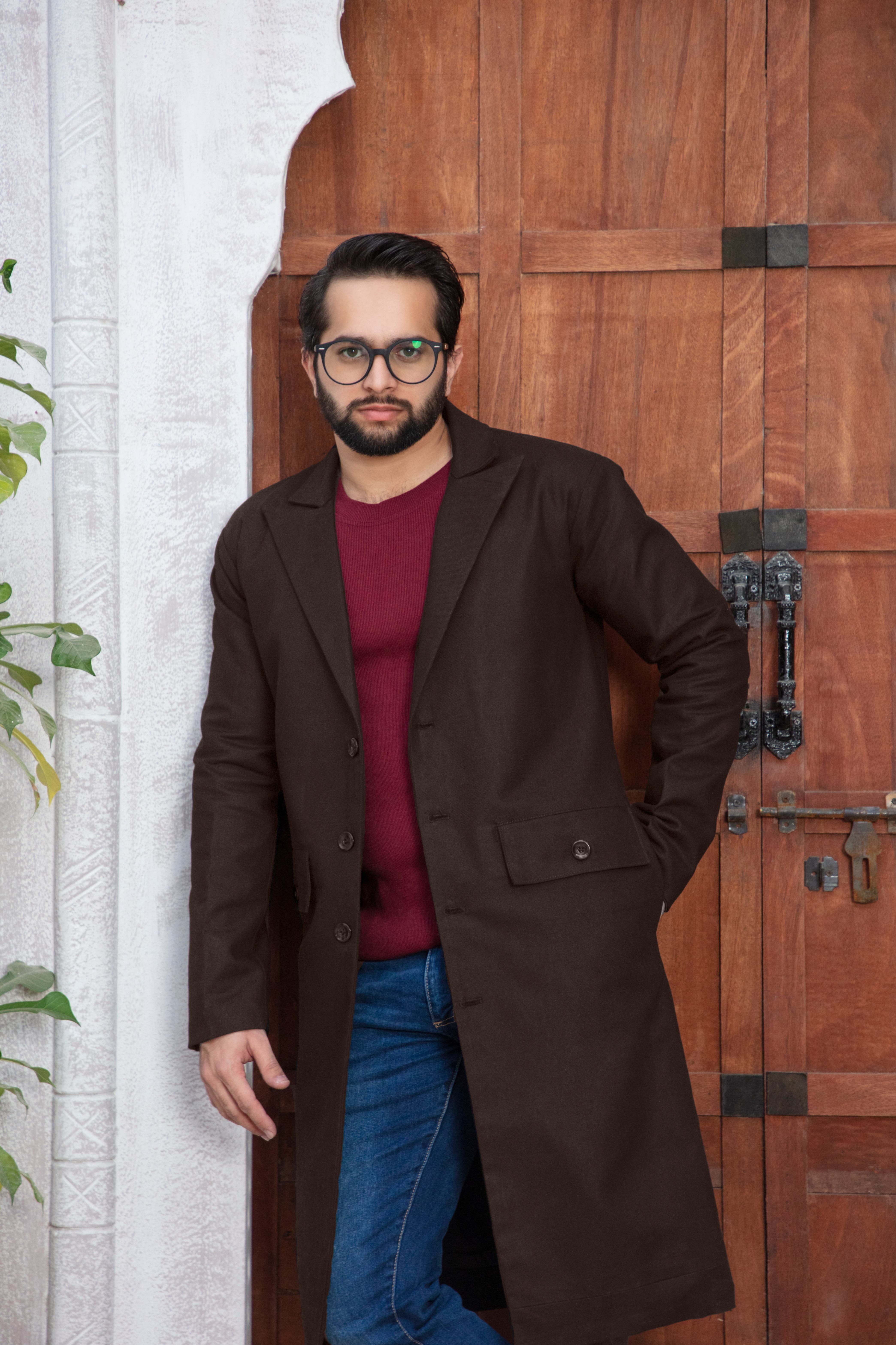 twill khaddar Coat in Mocha brown