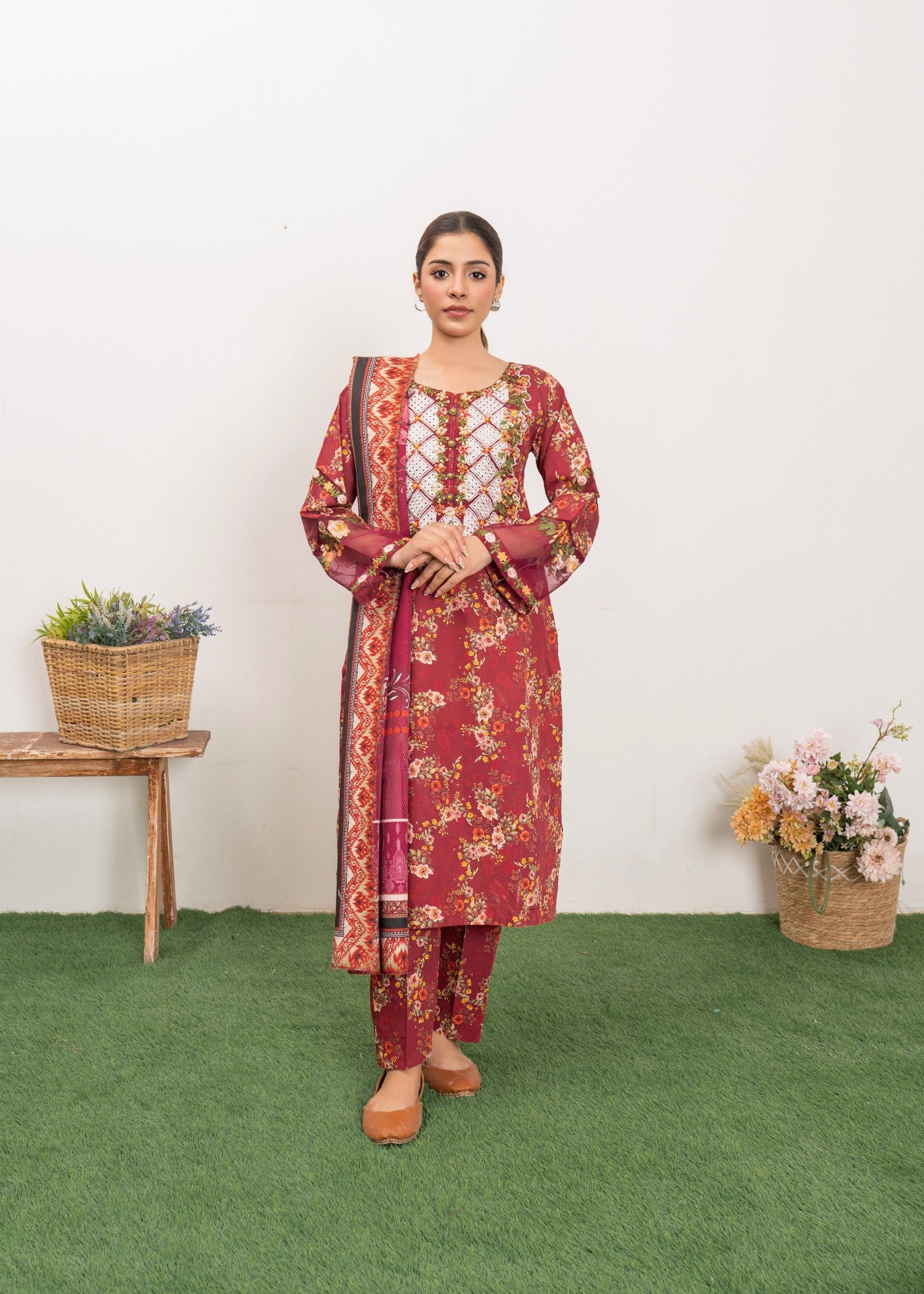 cambric Kurta Set in Maroon