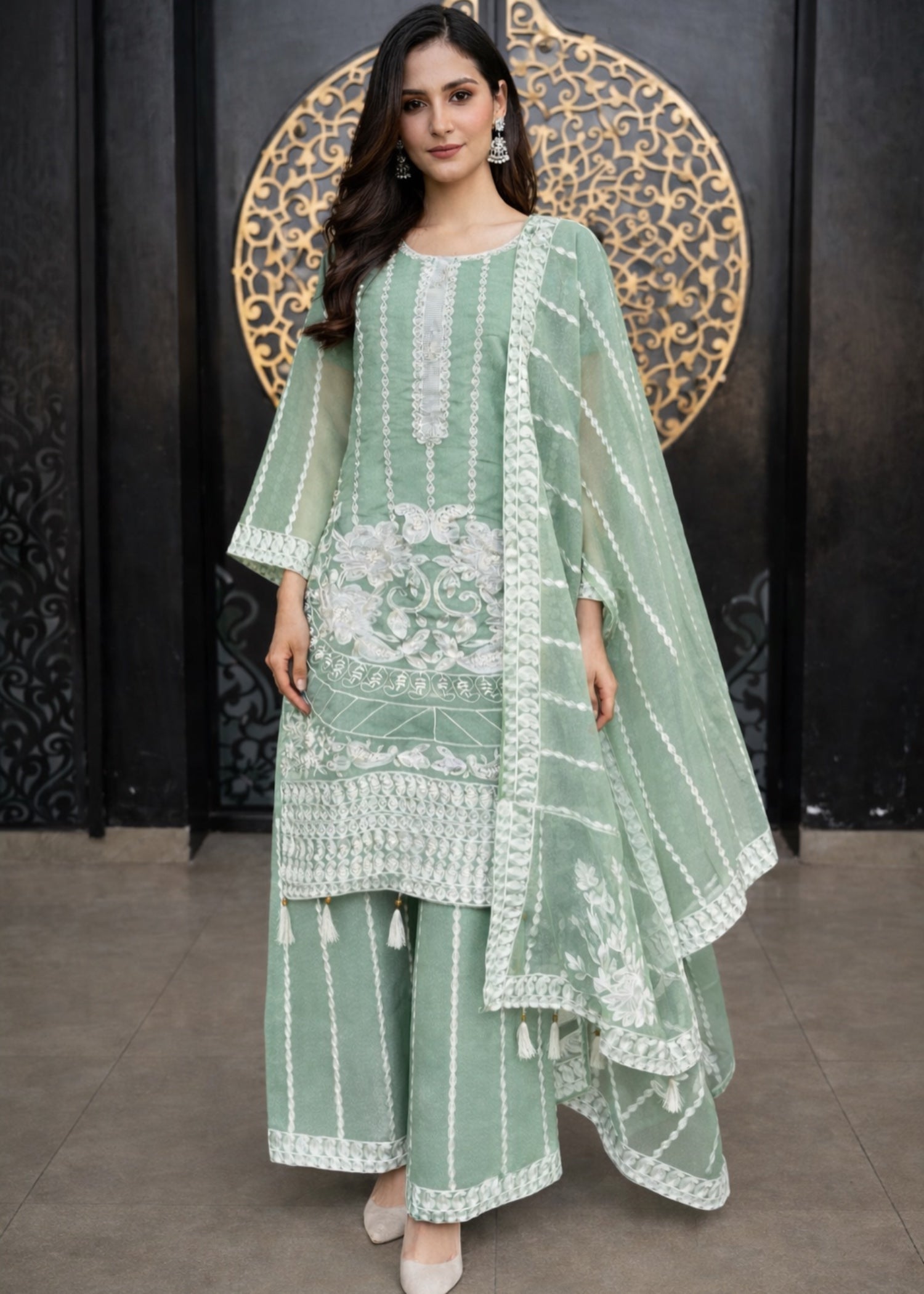 khaddi net Kurta Set in Mint green
