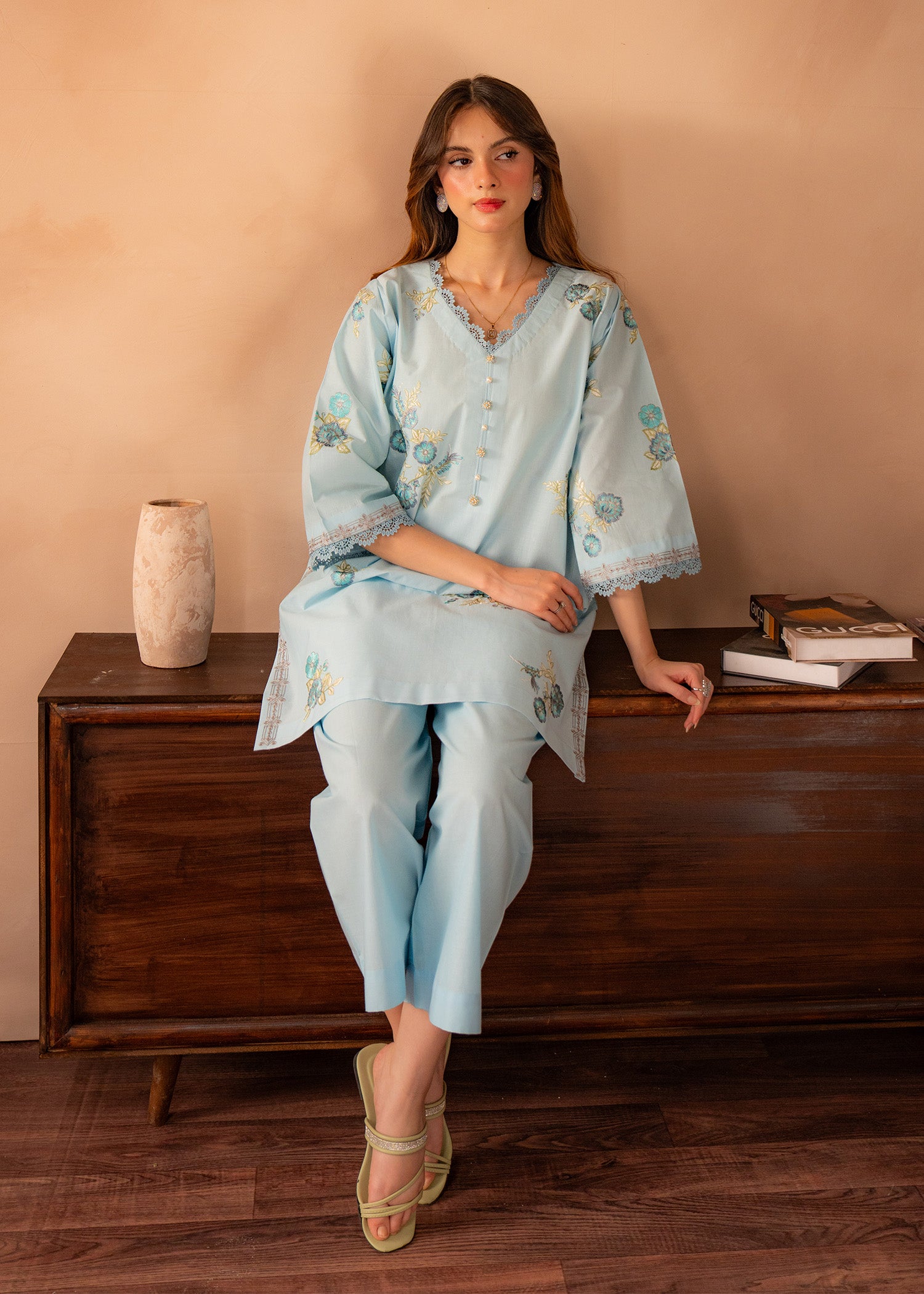 lawn Kurta Set in White, sky
