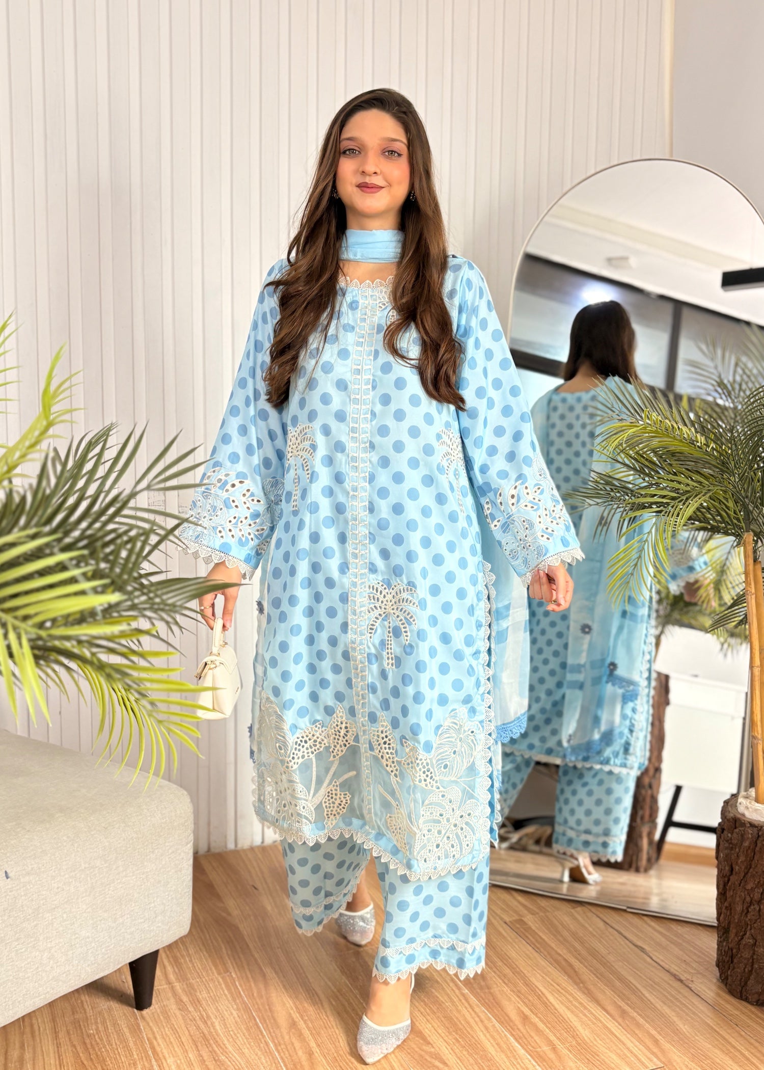 lawn Kurta Set in Sky blue, white